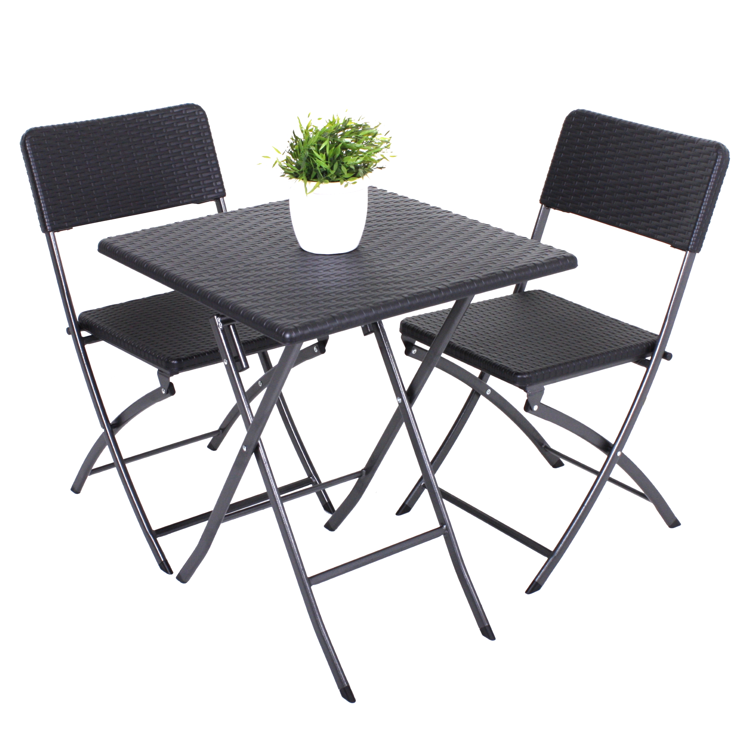 Raburg Balkon-Set Karina Premium Schwarz, 1 eckiger Tisch + 2 Stühle, zeitlose Rattan-Optik klappbar