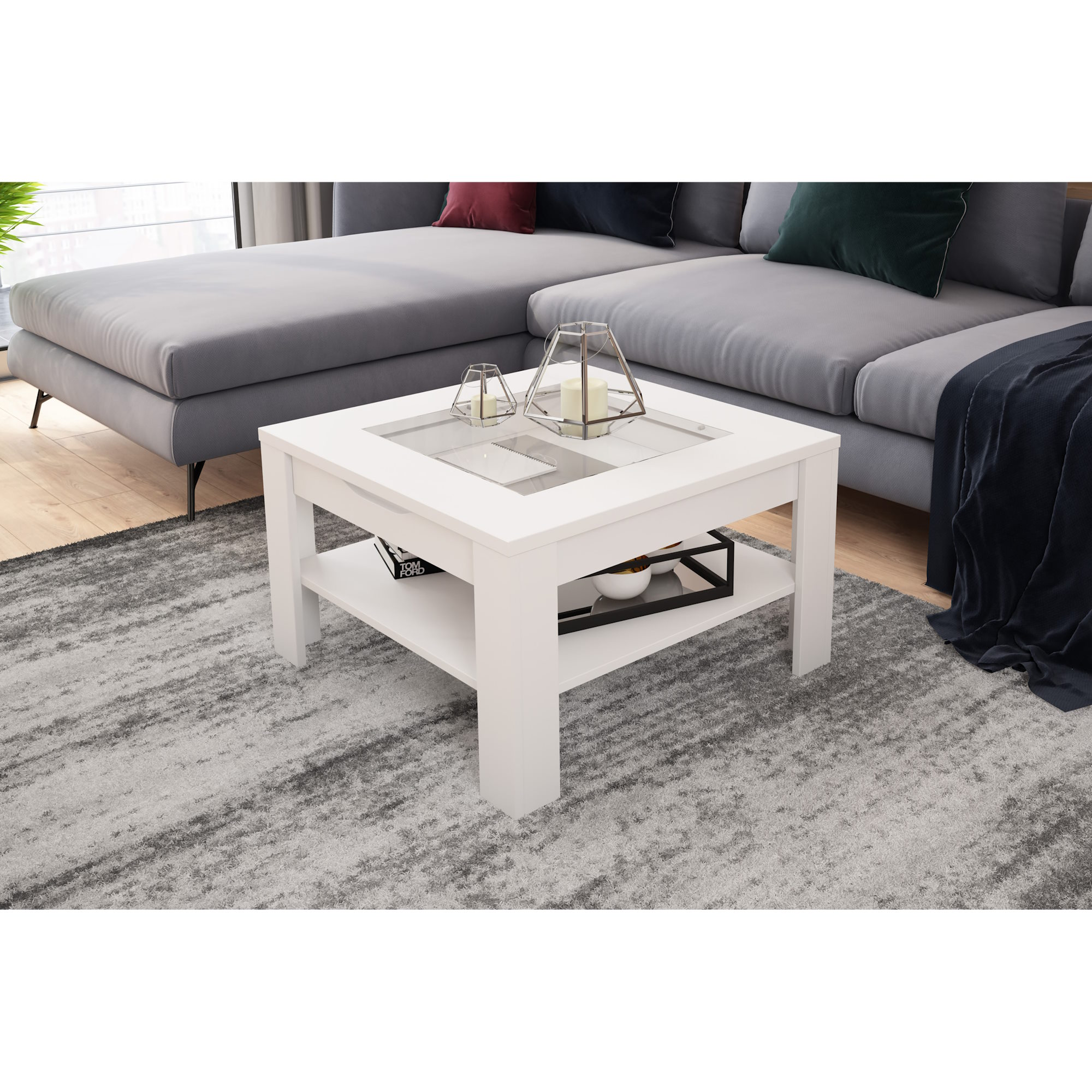 Couchtisch mit Glas & Stauraum in Weiß, byLIVING Ralph