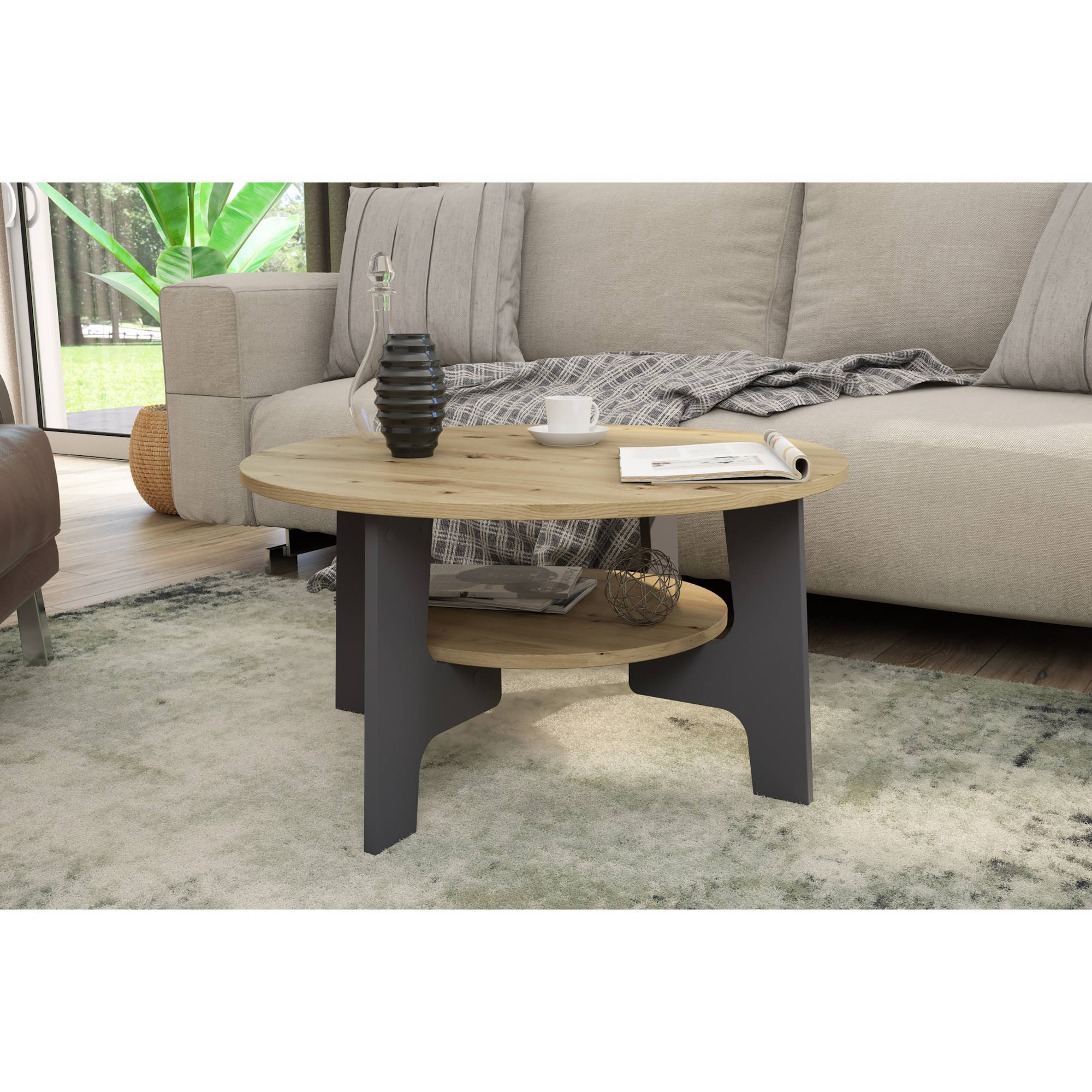 Runder Couchtisch in Artisan-Eiche-Optik, Tischbeine in Graphit mit Ablage, byLIVING Jonny