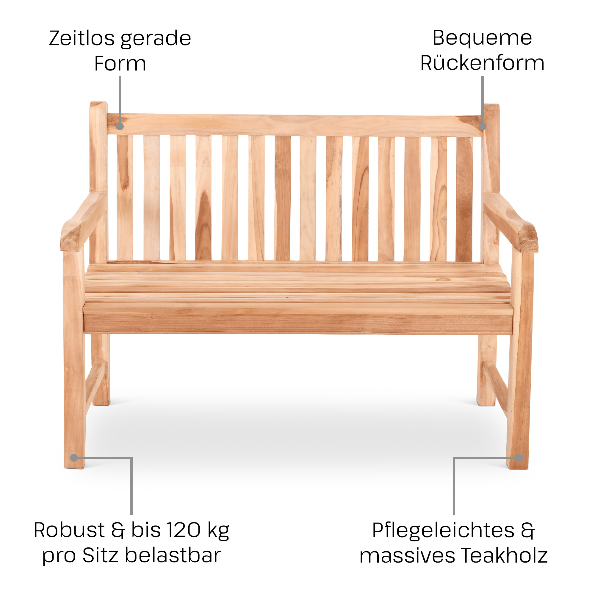 Gartenbank Teakholz 120 cm, gerade Rückenlehne, Raburg Lana