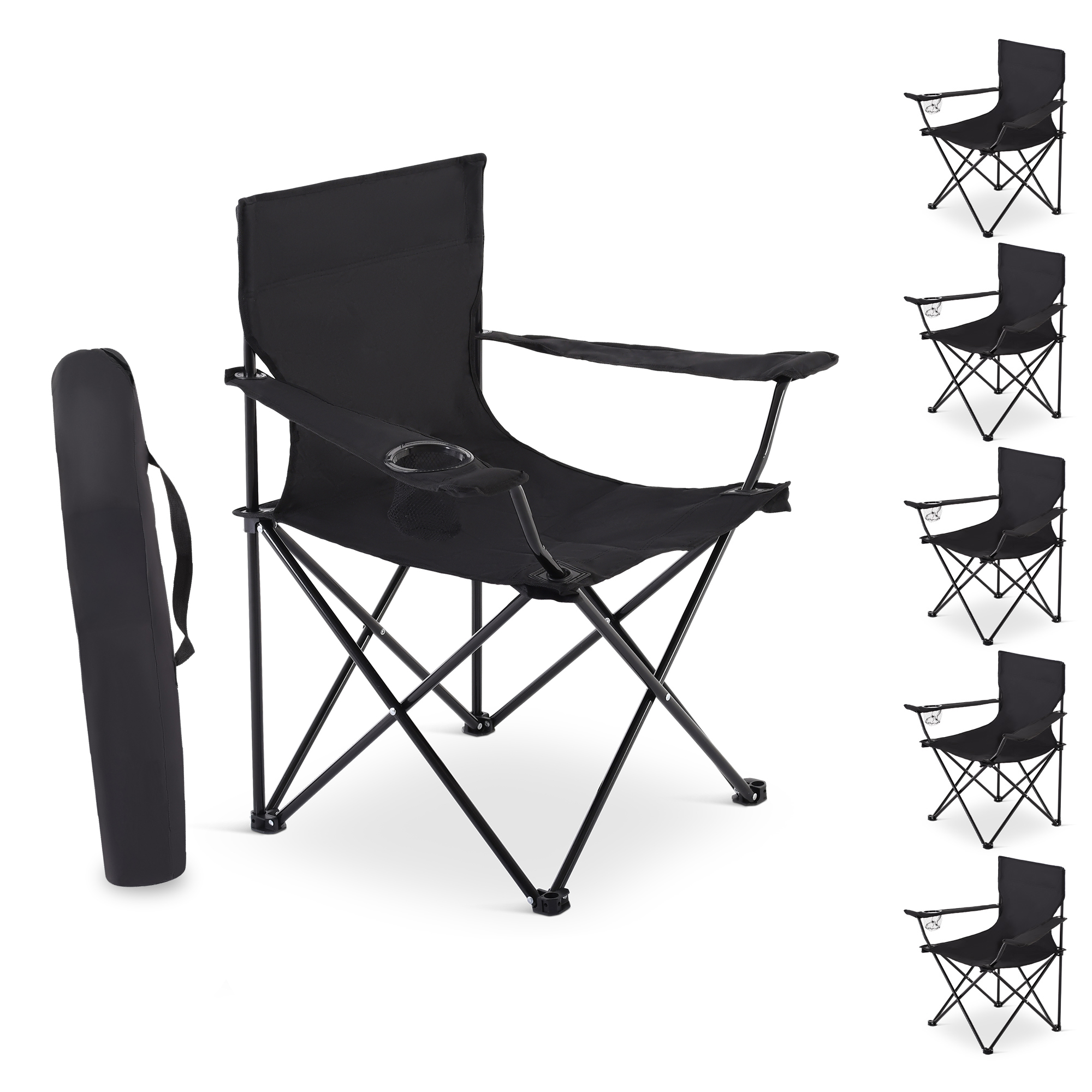 Faltstuhl 6er-Set, Campingstuhl, Anglerstuhl mit Getränkehalter, faltbar, mit Tragetasche, Schwarz, Raburg Joe
