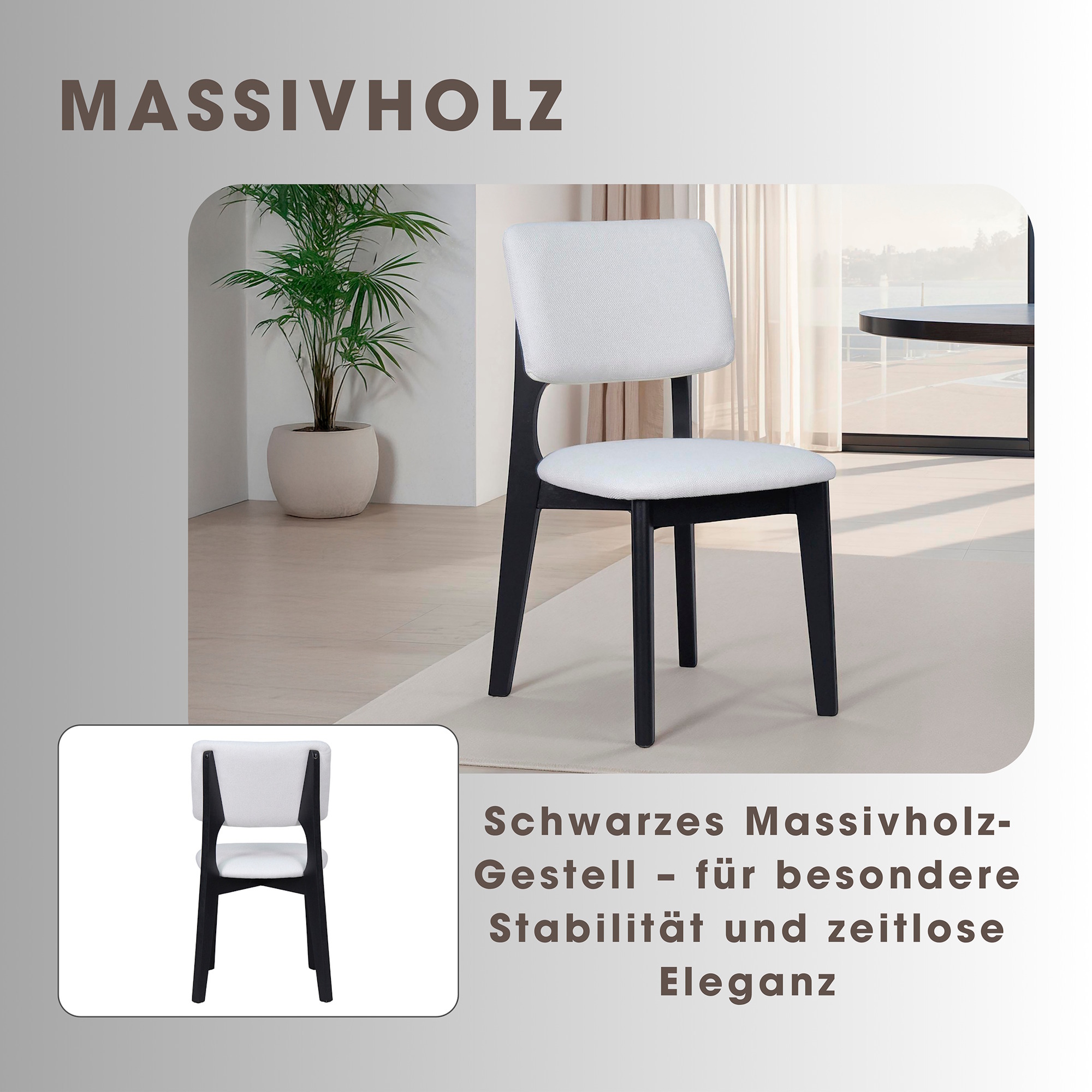 Esszimmerstuhl 2-er Set, Webstoff in Beige, Massivholzgestell in Schwarz, byLIVING Elsa