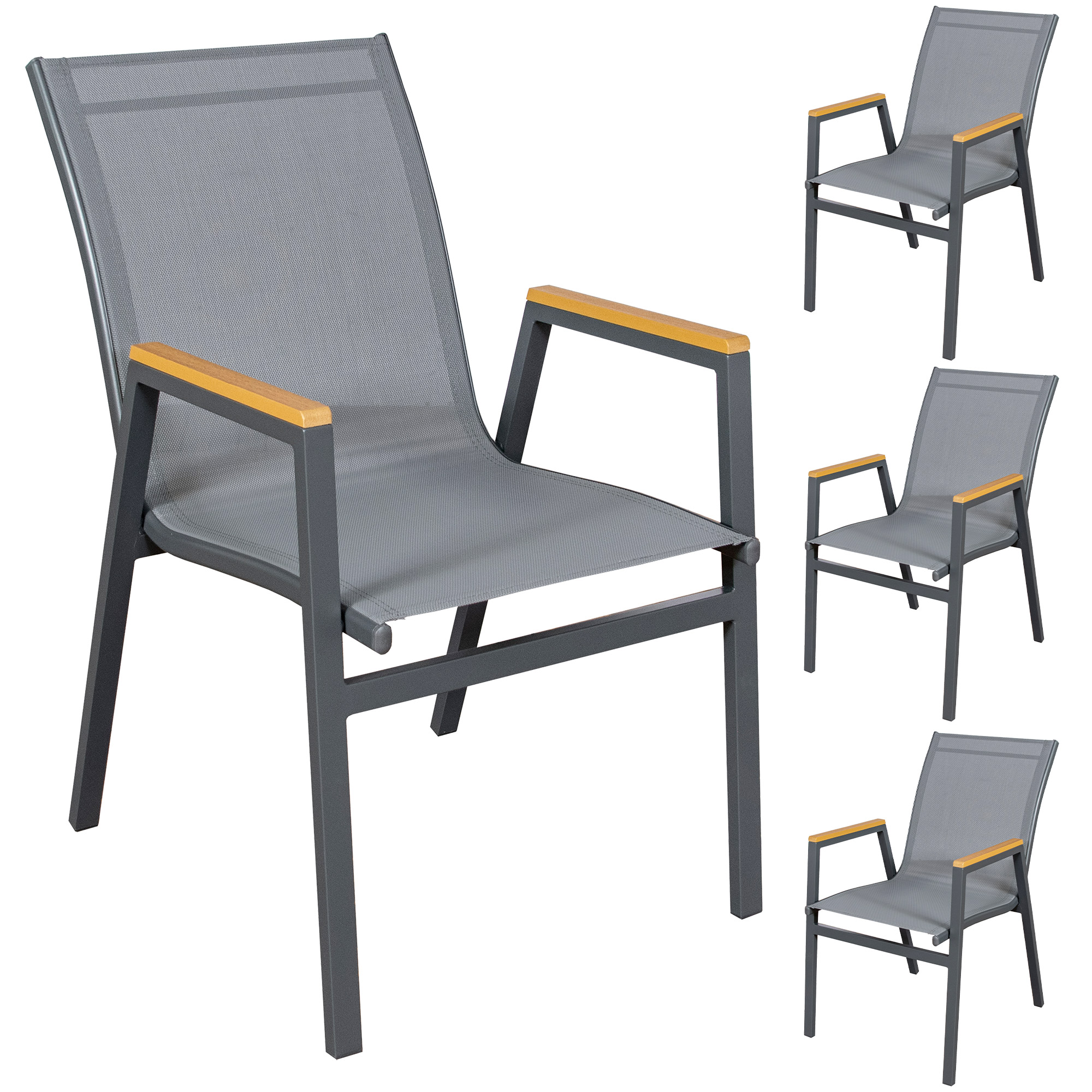 gartenstuhl-4er-set-stapelbar -aluminium-anthrazit-textilene-grau-texas-sens-line-holzoptik-105129