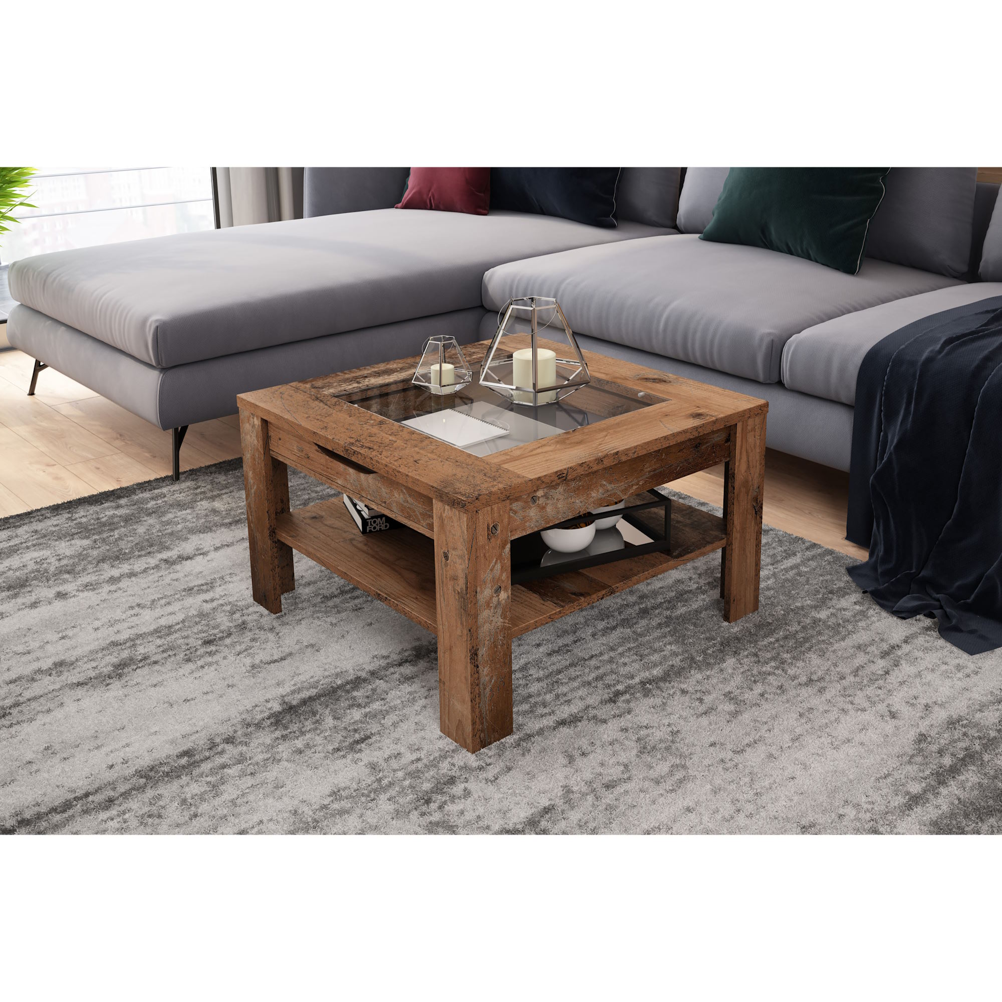Couchtisch mit Glas & Stauraum in Old-Wood-Optik, byLIVING Ralph