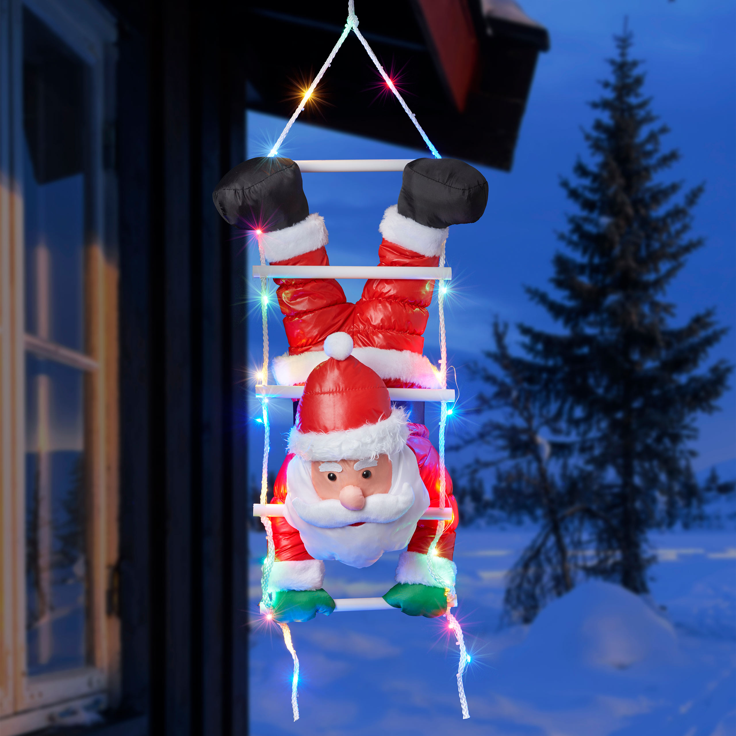 Raburg Weihnachtsmann kopfüber mit bunter LED-Leiter - weiche XL Deko-Figur für Weihnachten
