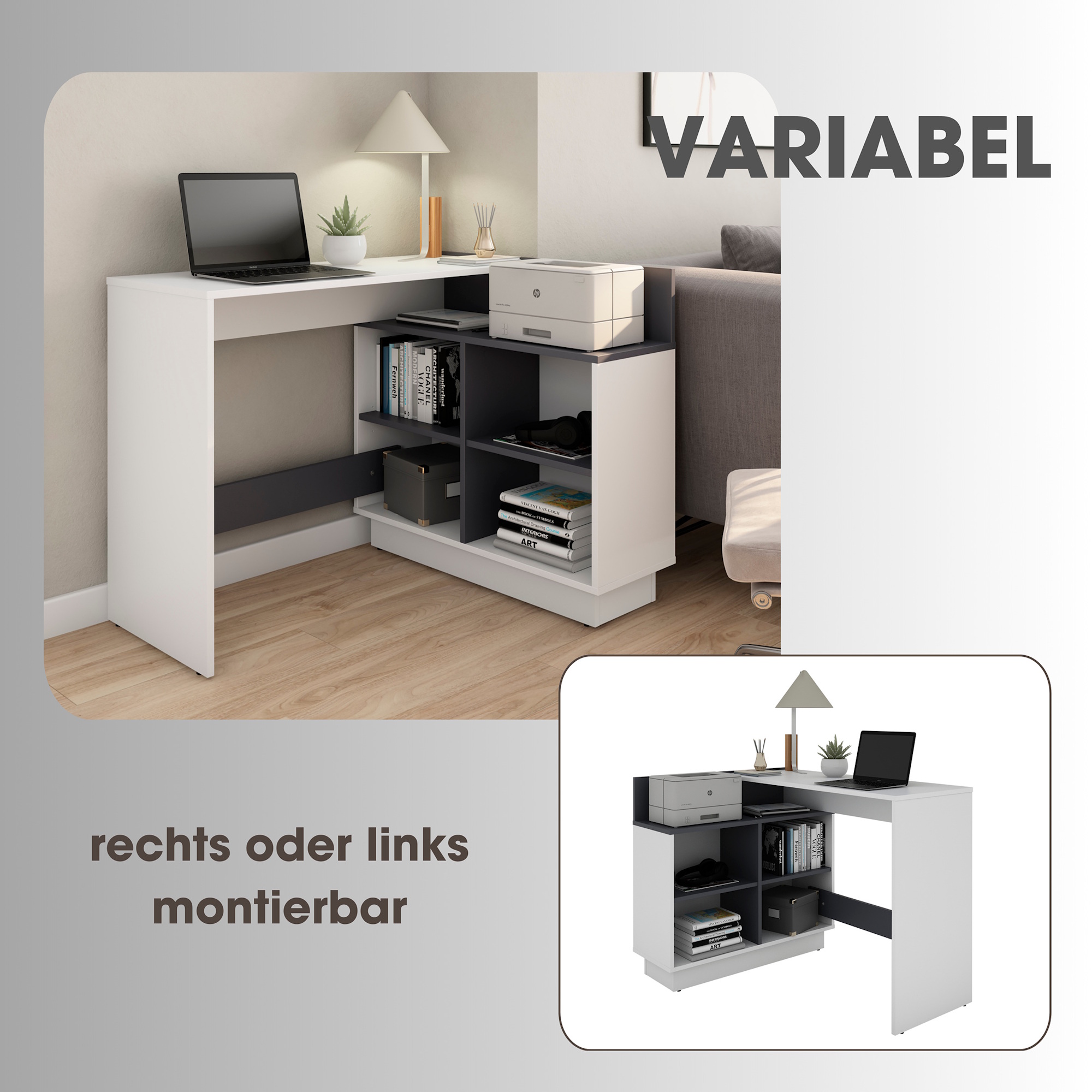 Schreibtisch mit viel Stauraum, Winkelschreibtisch, L-Form, Weiß/Grau, byLIVING Berni
