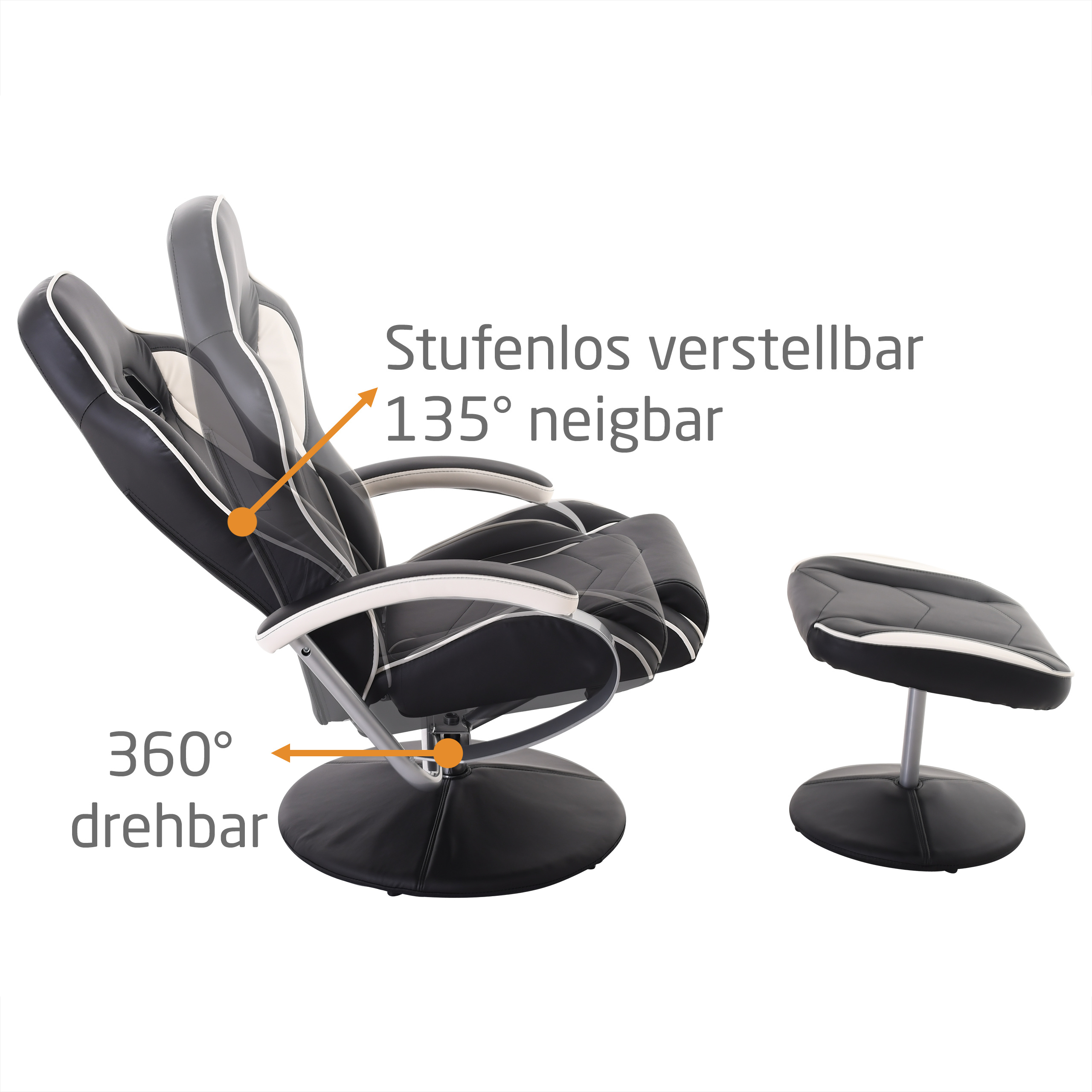 Raburg Gaming-Sessel Set Drift Sport in Schwarz-Weiß mit Hocker, Soft-Touch Kunstleder