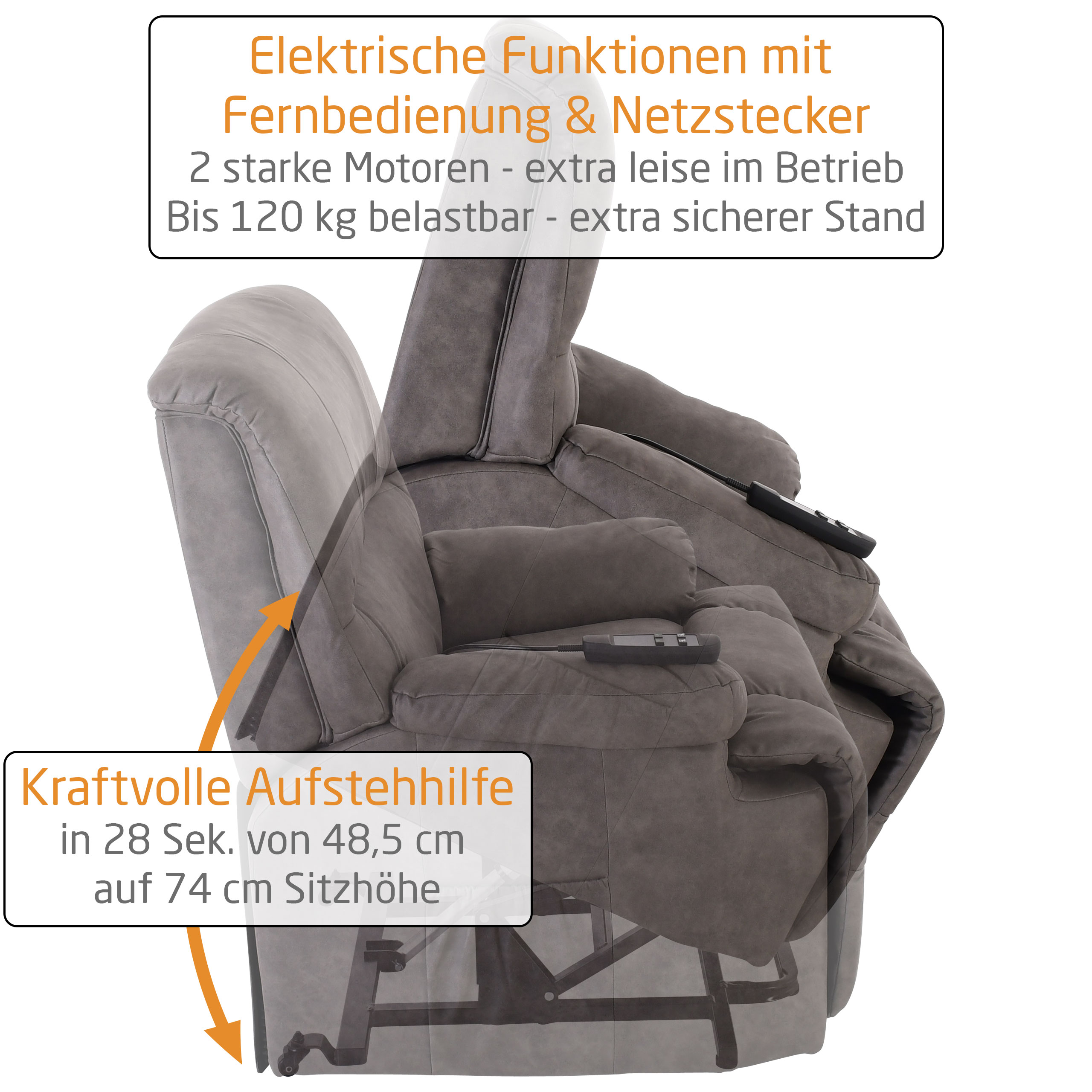 Raburg TV-Sessel Frank 2 in Quarz-Grau, elektrische Aufstehhilfe & 2 Motoren, VLT-Mikrofaser