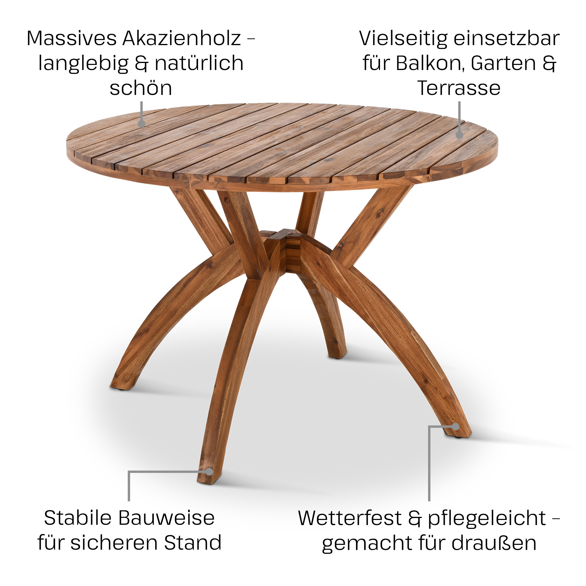 Garten-Esstisch Holz 110 cm Durchmesser, wetterfest, runder Tisch, Akazie, Raburg Kira