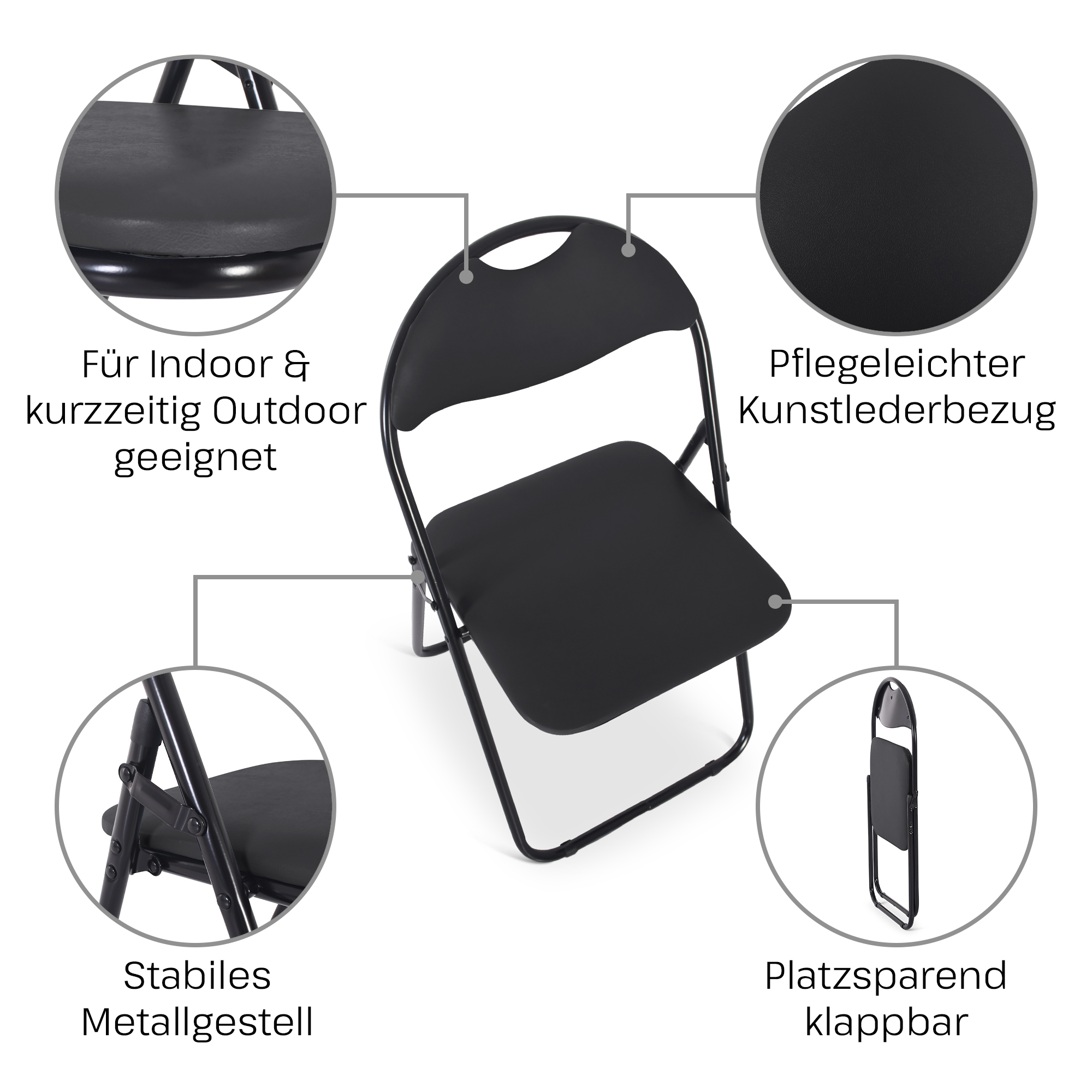 Klappstuhl 6er-Set, klappbarer Gästestuhl, Schwarz/Schwarz, Raburg Paul