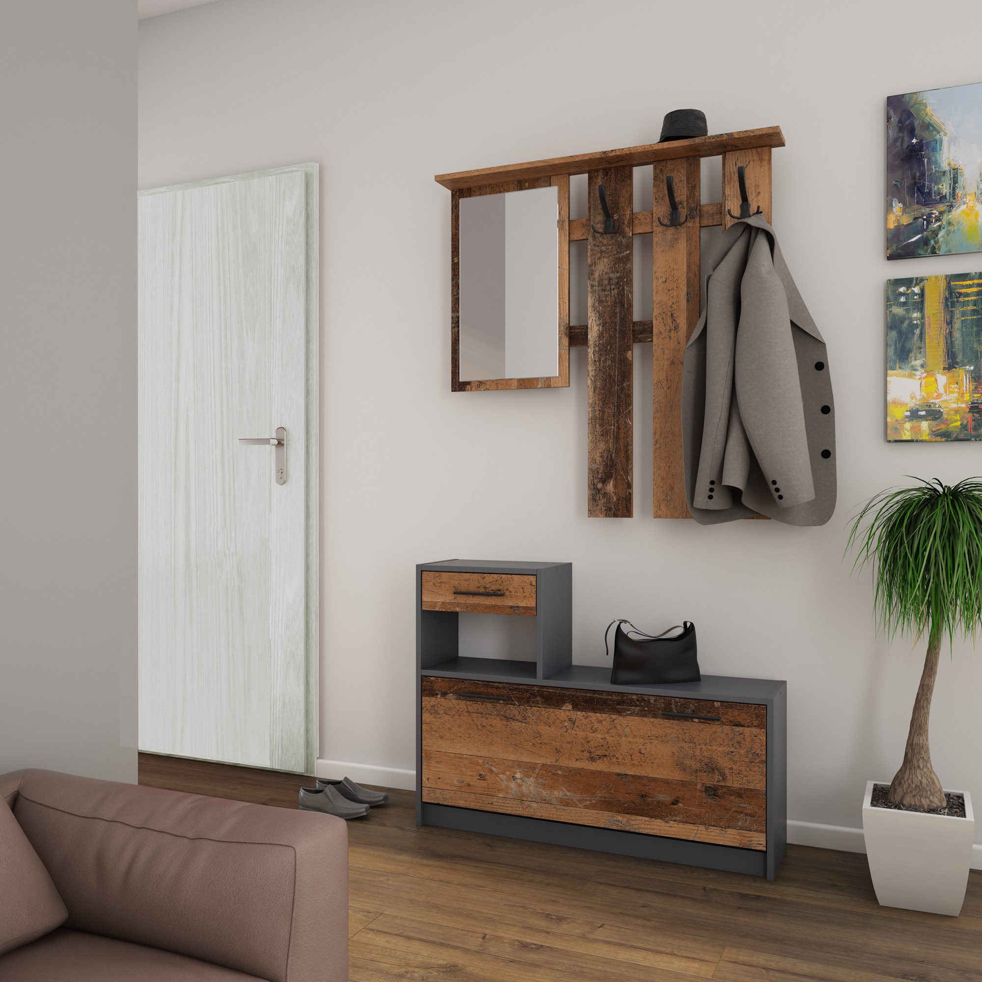 Garderoben-Set in Old-Wood-Optik in Braun und Anthrazit, mit Schuhschrank & hängender Garderobe, byLIVING Tamina