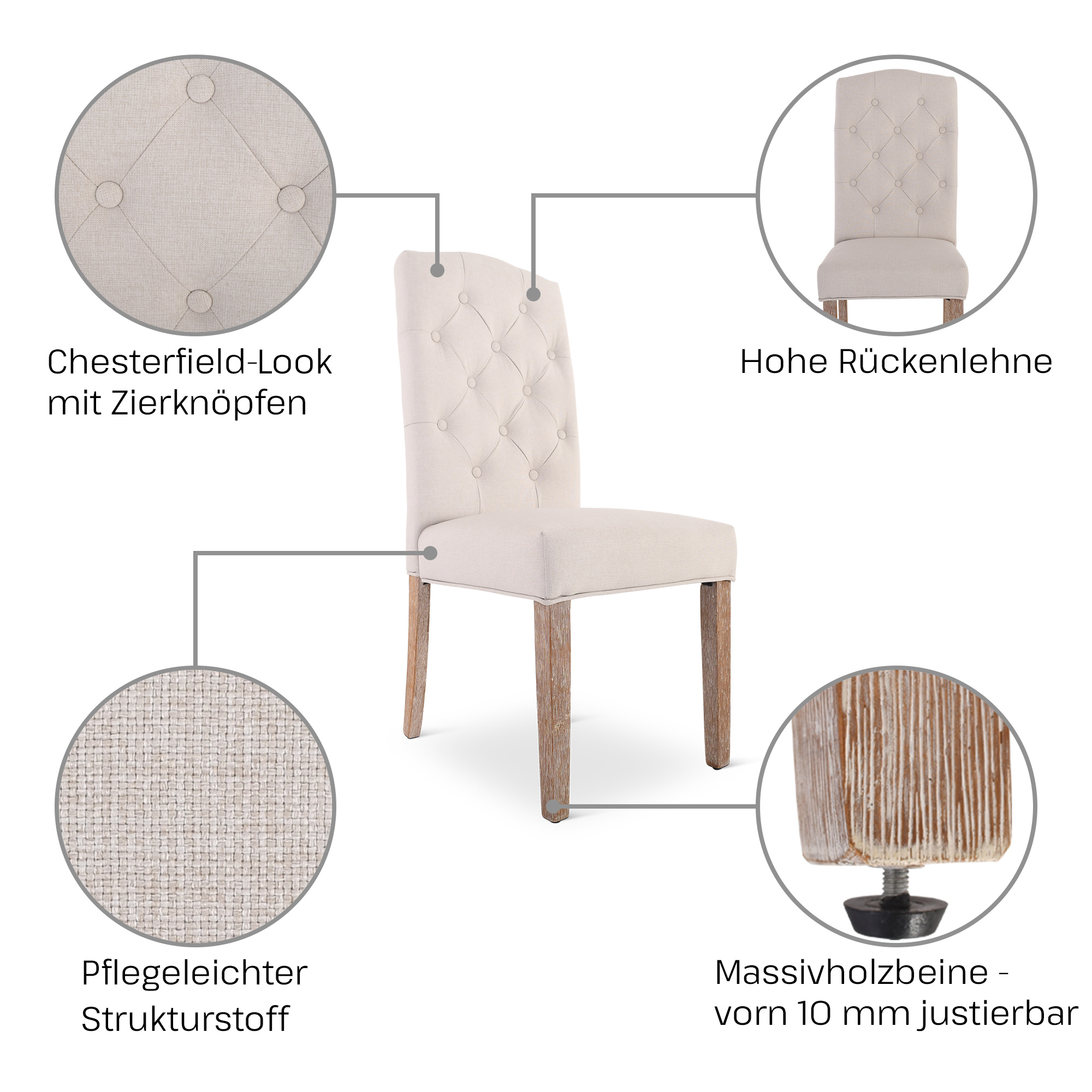 Esszimmerstuhl 2er-Set, Chesterfield-Design, Beige, Beine Holz, Raburg Anastasia