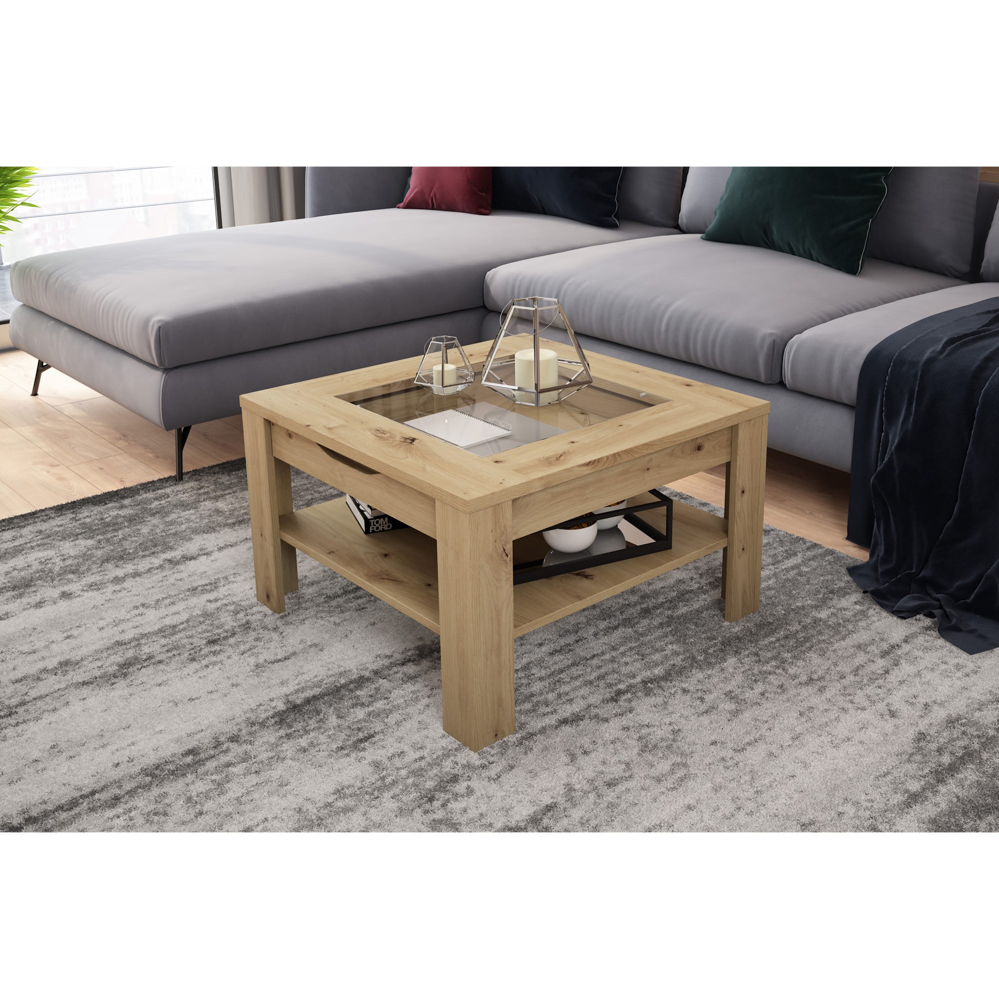 Couchtisch mit Glas & Stauraum in Artisan-Eiche-Optik, byLIVING Ralph