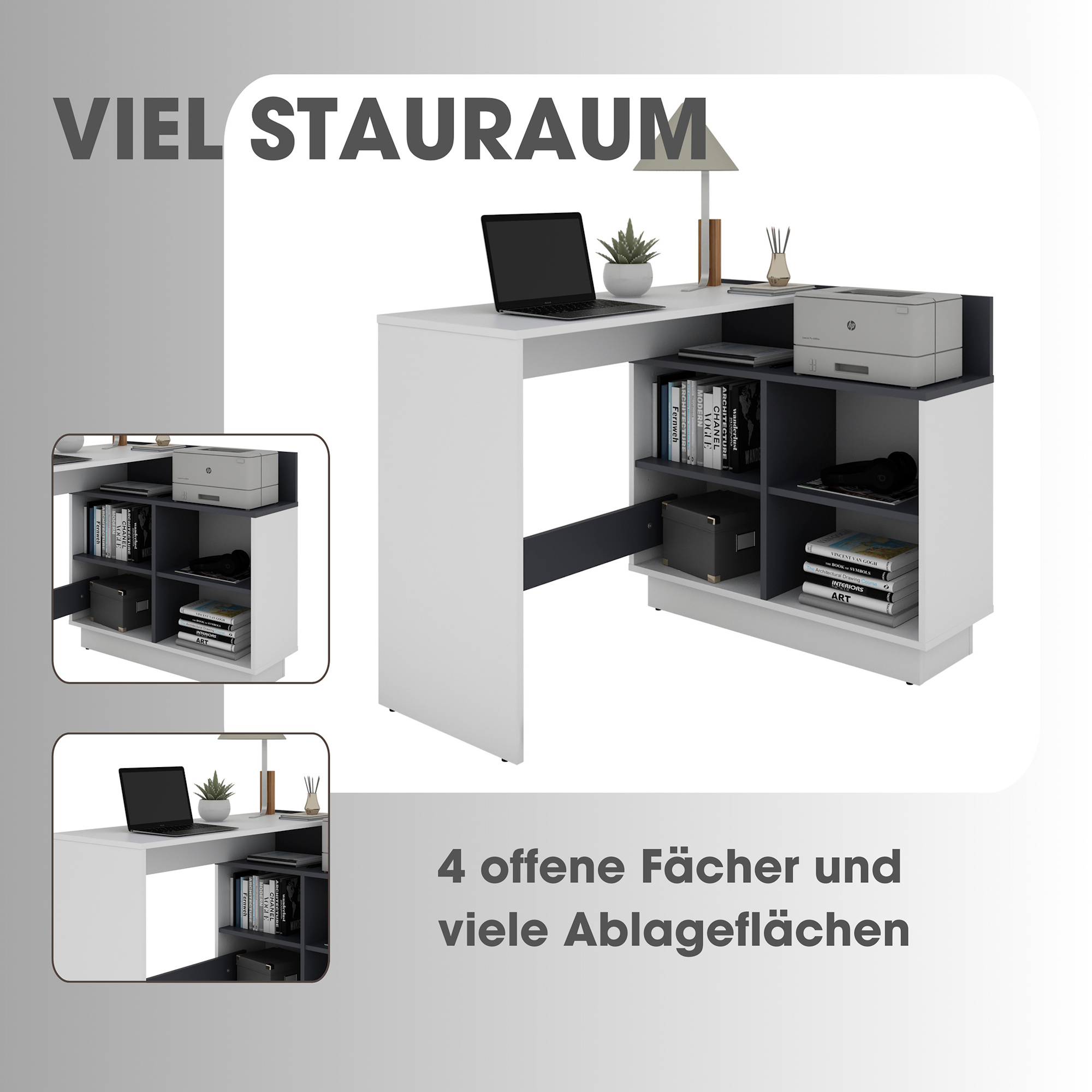 Schreibtisch mit viel Stauraum, Winkelschreibtisch, L-Form, Weiß/Grau, byLIVING Berni