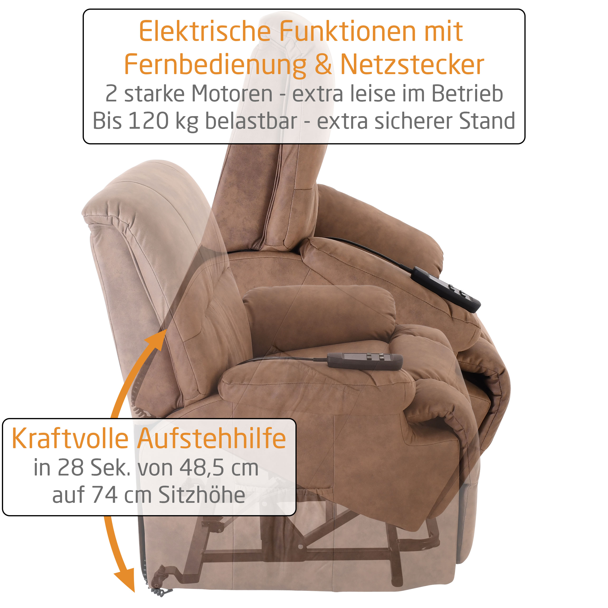 Raburg TV-Sessel Frank 2 in Erdnuss-Braun, elektrische Aufstehhilfe & 2 Motoren, VLT-Mikrofaser