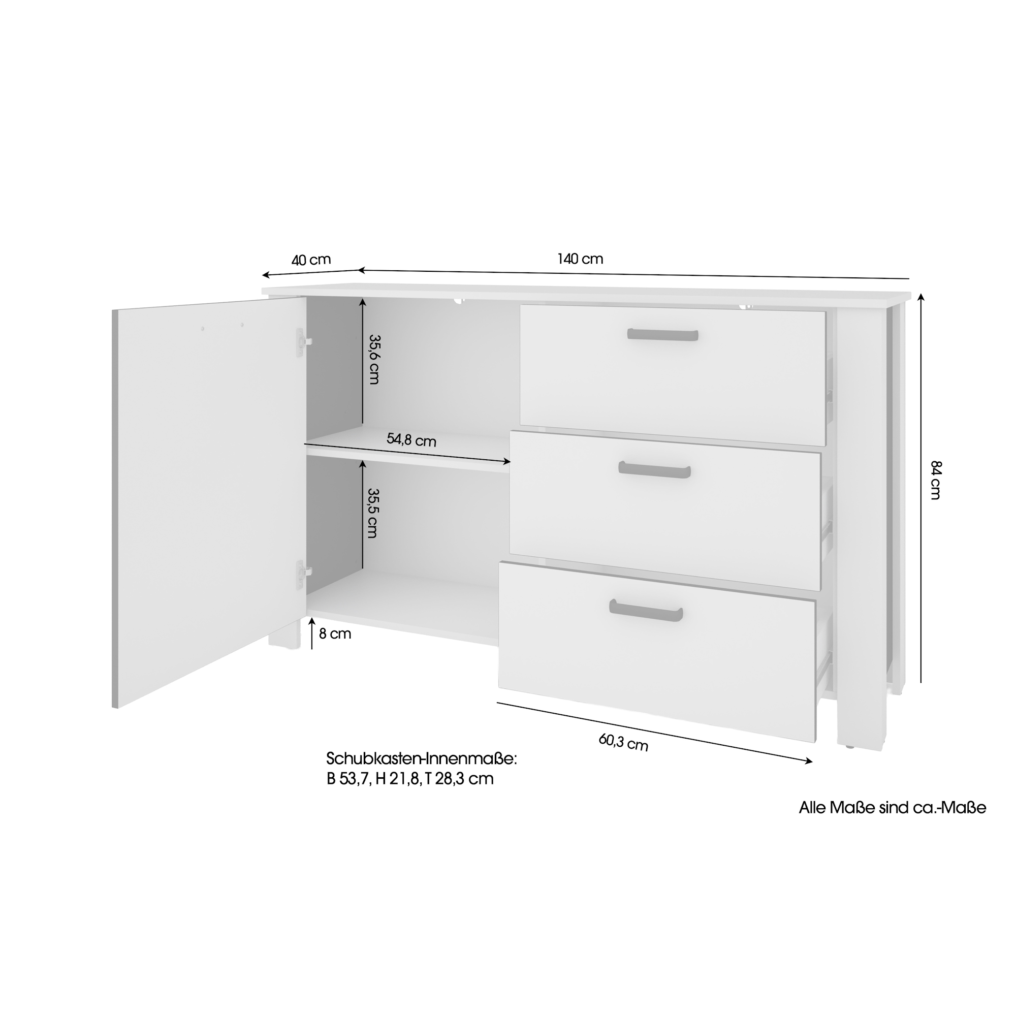 Sideboard mit Tür & Schubkästen, Kommode in Weiß und Schwarz, B140×H84×T40 cm, byLIVING Faro
