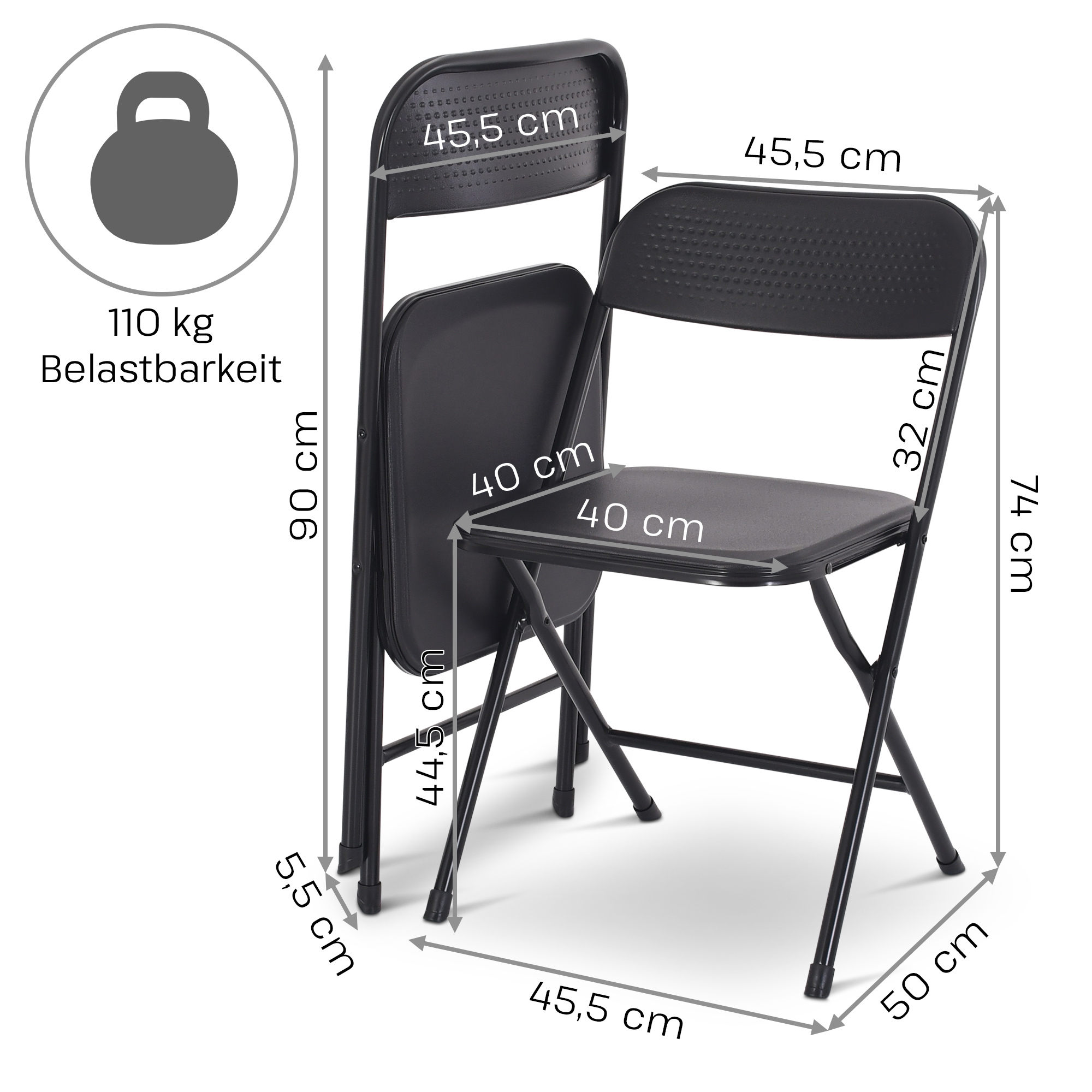 Klappstuhl 4er-Set, klappbarer Gästestuhl, Schwarz/Schwarz, Raburg Jonas