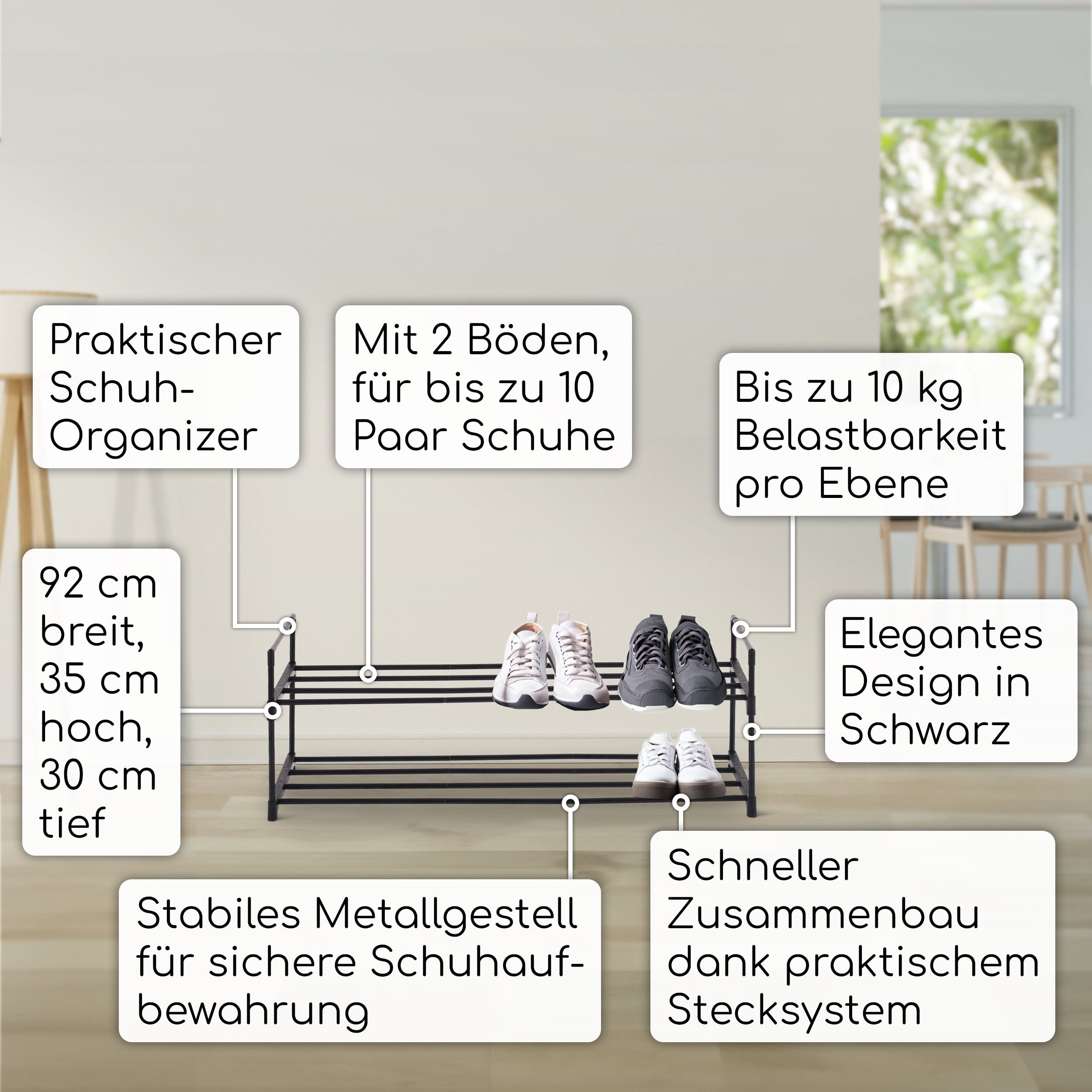 Szagato Schuhregal ALU Bicolor – 88 X 60 X 26 Cm, 4 Böden, Platz Für 12 Paar Schuhe, Aus Mattiertem Aluminium Mit Schwarzer Pulverbeschichtung, Made In Germany