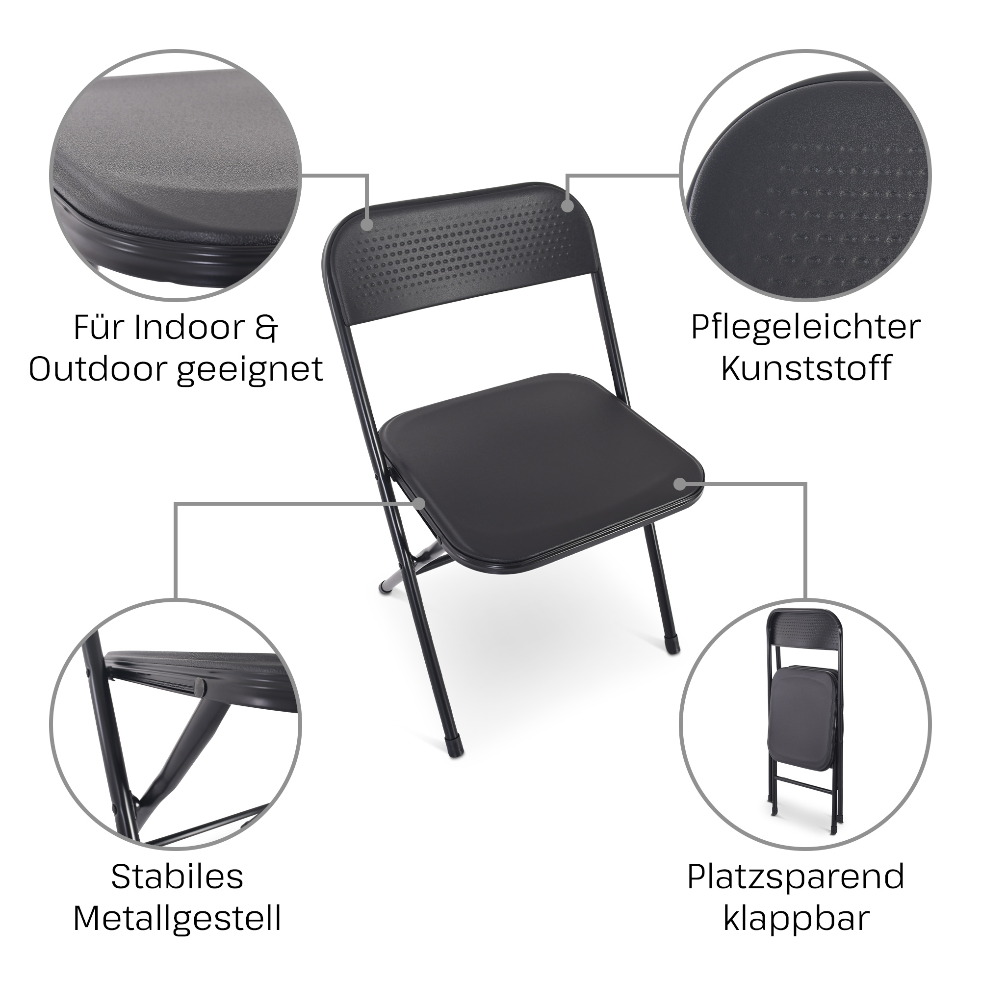 Klappstuhl 4er-Set, klappbarer Gästestuhl, Schwarz/Schwarz, Raburg Jonas