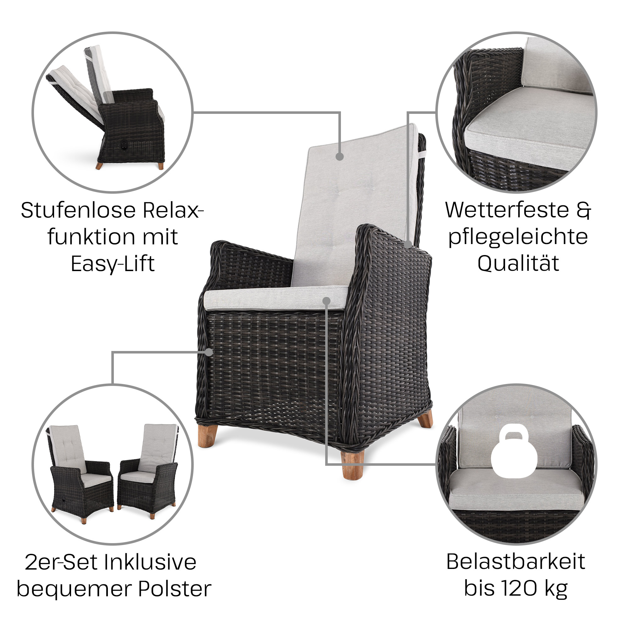 Gartenstuhl 2er-Set, mit Relaxfunktion, Grau/Anthrazit, inkl. Polster, Raburg Lena
