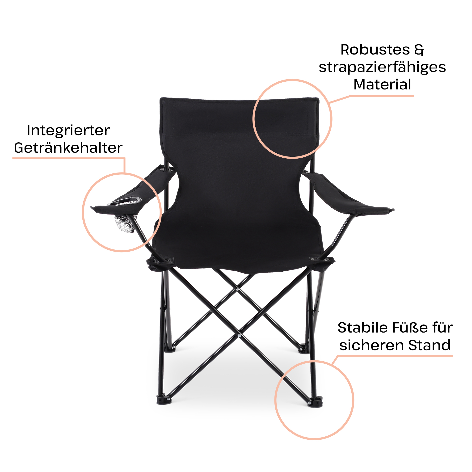 Campingstuhl 4er-Set, Anglerstuhl, Faltstuhl mit Getränkehalter, faltbar, mit Tragetasche, Schwarz, Raburg Joe