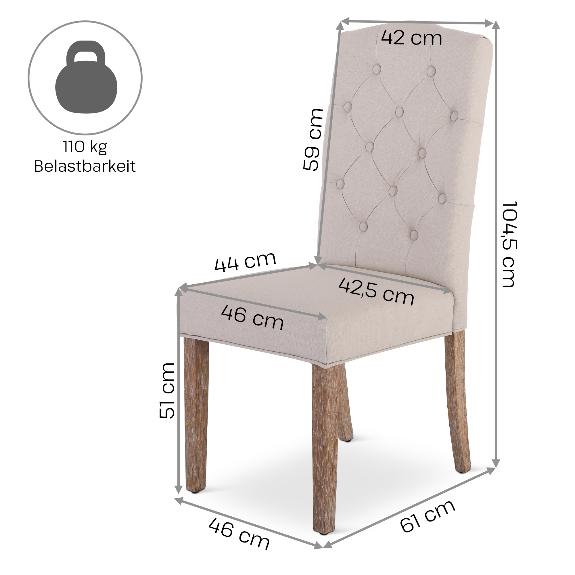 Esszimmerstuhl 2er-Set, Chesterfield-Design, Beige, Beine Holz, Raburg Anastasia