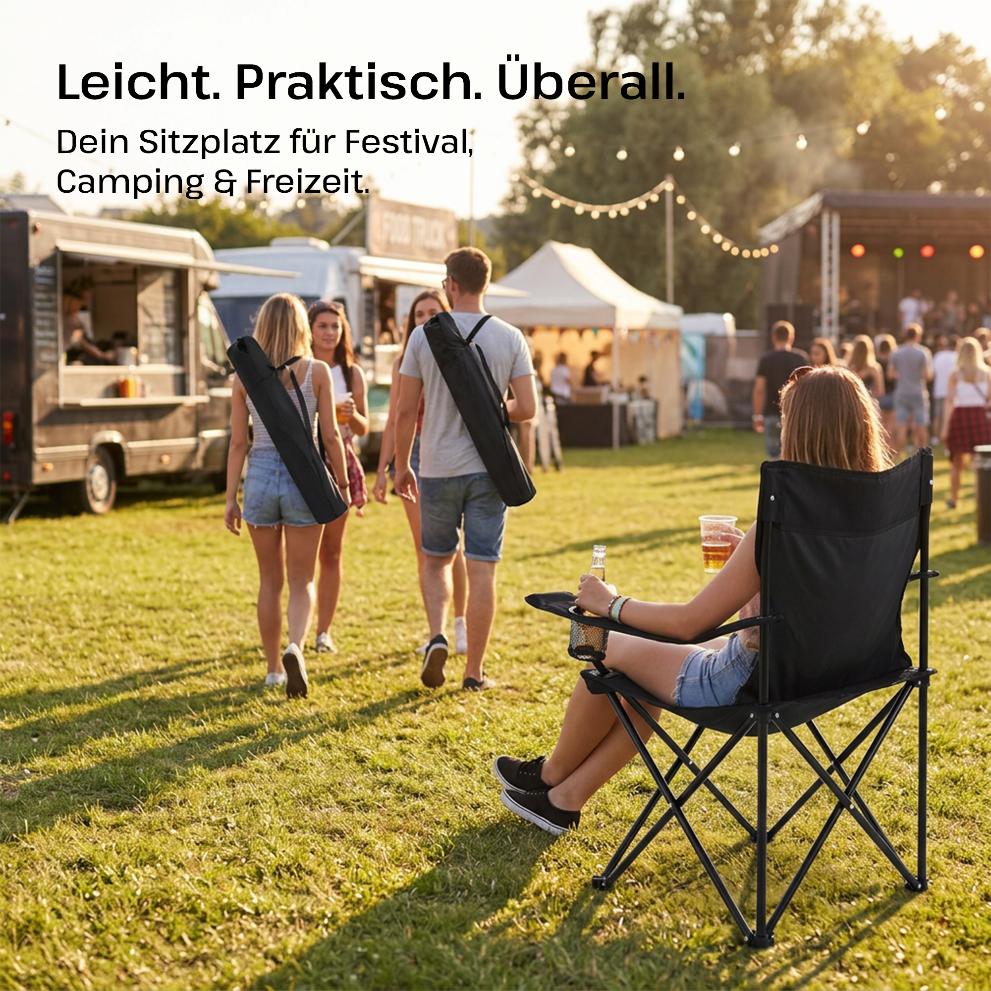 Campingstuhl 4er-Set, Anglerstuhl, Faltstuhl mit Getränkehalter, faltbar, mit Tragetasche, Schwarz, Raburg Joe