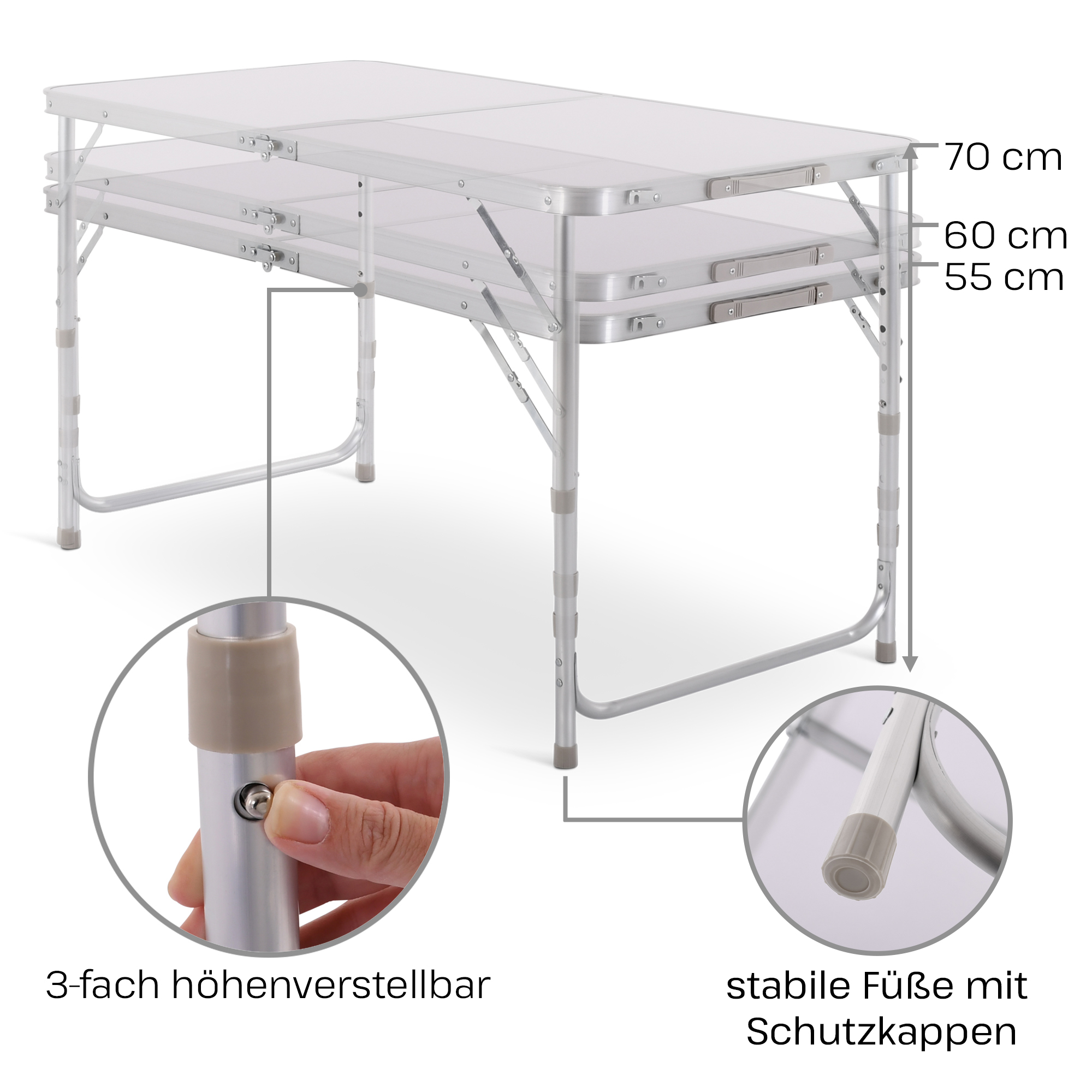 Campingtisch klappbar, Klapptisch 3-fach höhenverstellbar, Falttisch 120 x 60 cm, Weiß, Raburg Lukas