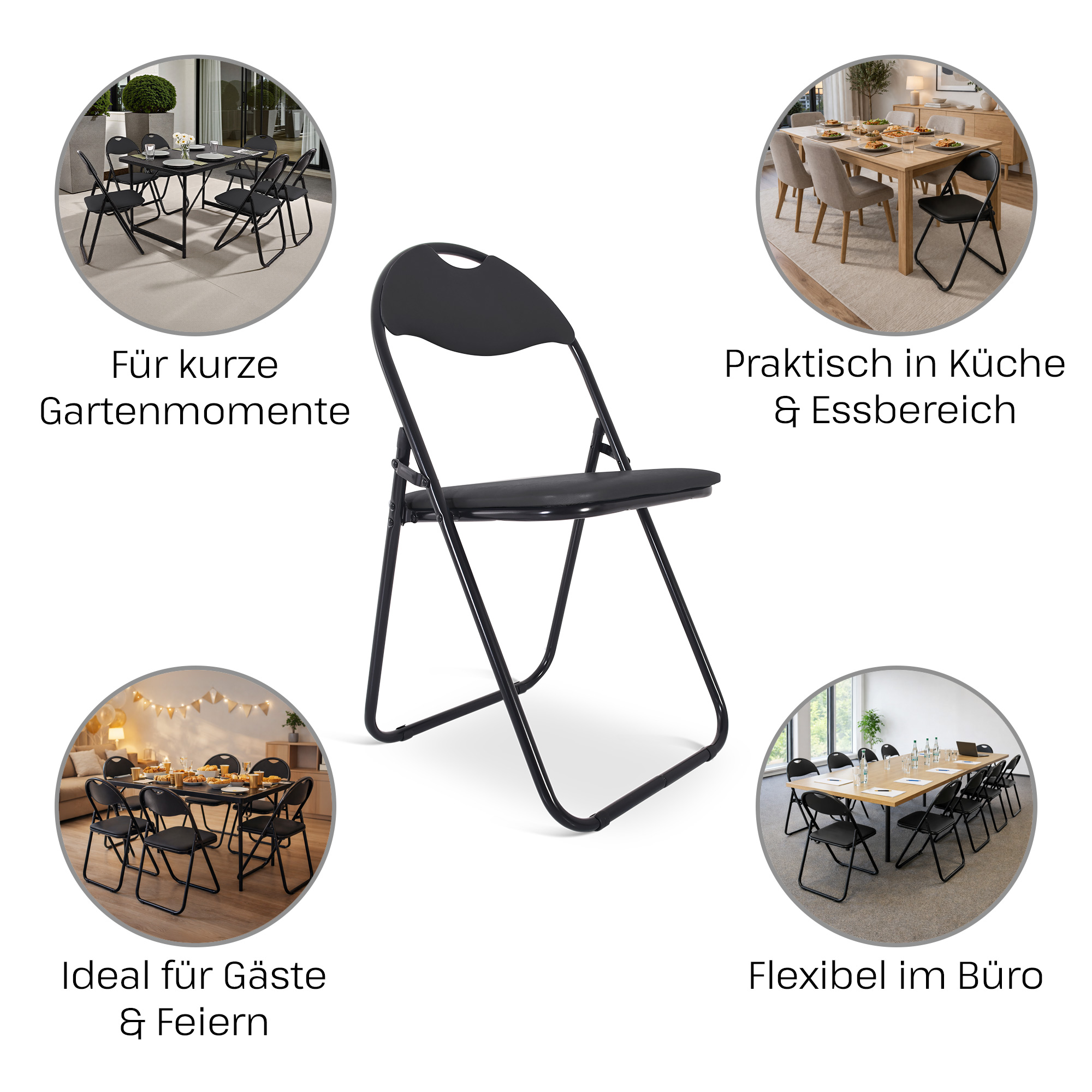 Klappstuhl 6er-Set, klappbarer Gästestuhl, Schwarz/Schwarz, Raburg Paul