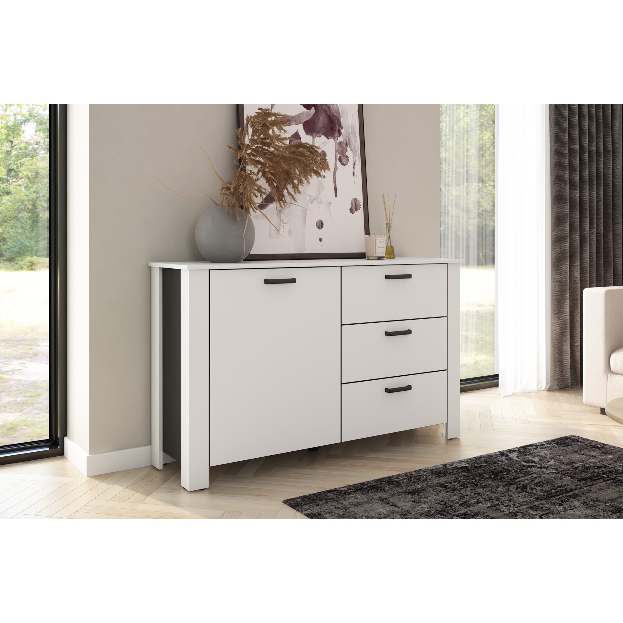 Sideboard mit Tür & Schubkästen, Kommode in Weiß und Schwarz, B140×H84×T40 cm, byLIVING Faro