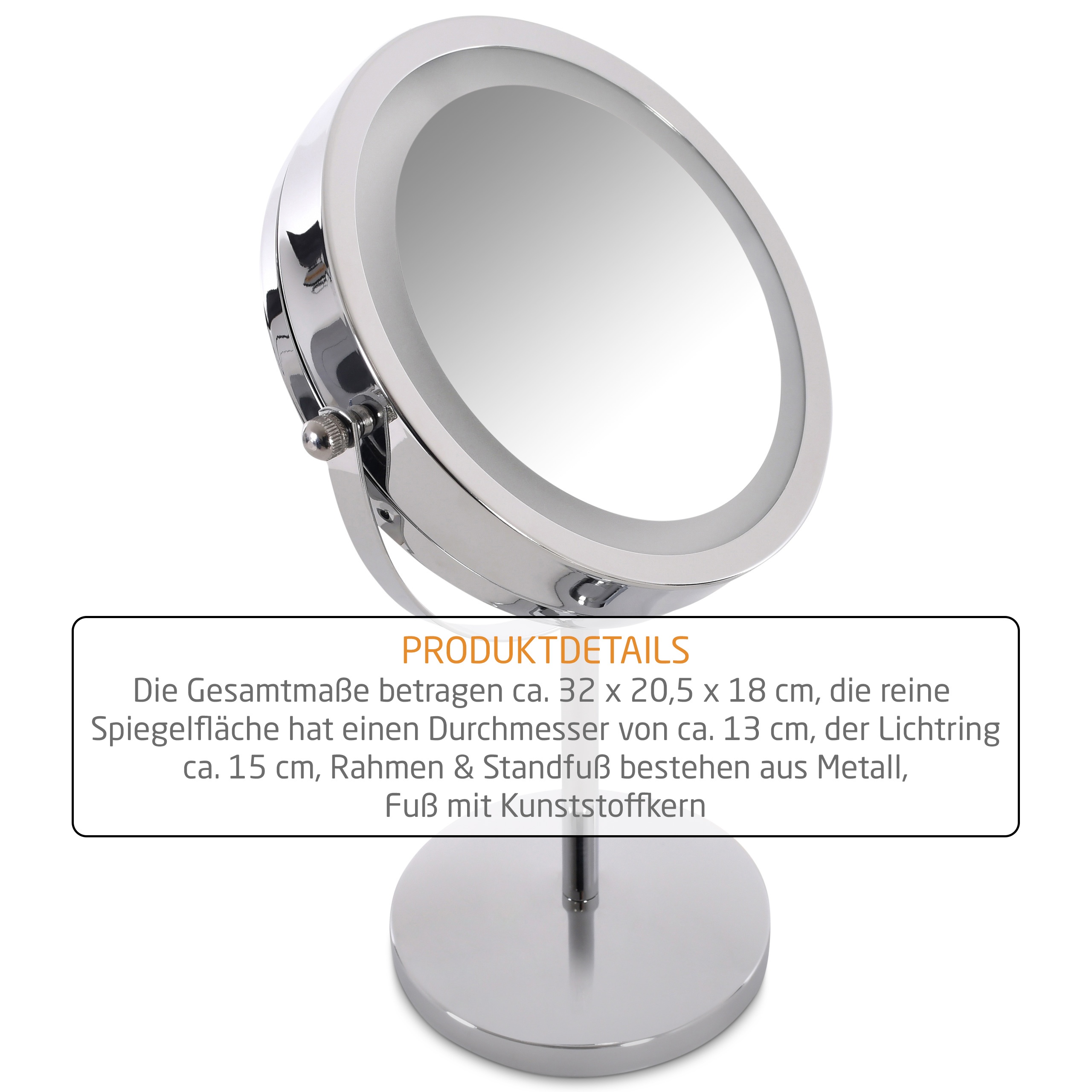 Raburg Kosmetikspiegel Nika, LED-Licht, 3x/1x Vergrößerung, doppelseitig, 360°, 18 cm Ø, 32 cm hoch