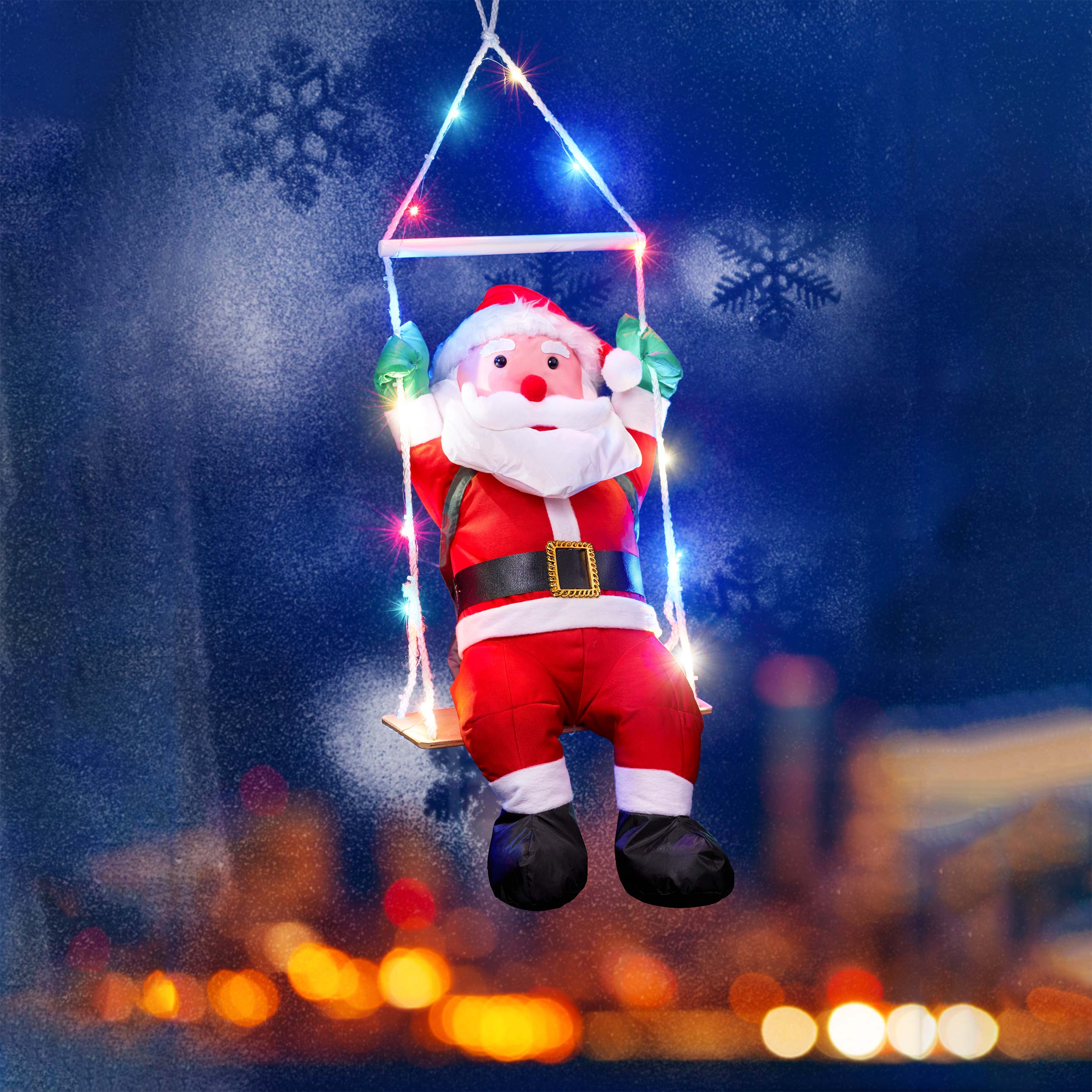 Raburg Weihnachtsmann auf Schaukel mit buntem LED-Licht, weiche XL Deko-Figur für Weihnachten