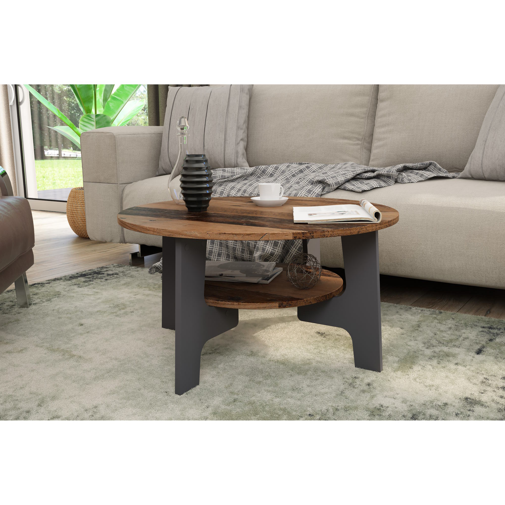 Runder Couchtisch in Old-Wood-Optik, Tischbeine in Graphit mit Ablage, byLIVING Jonny