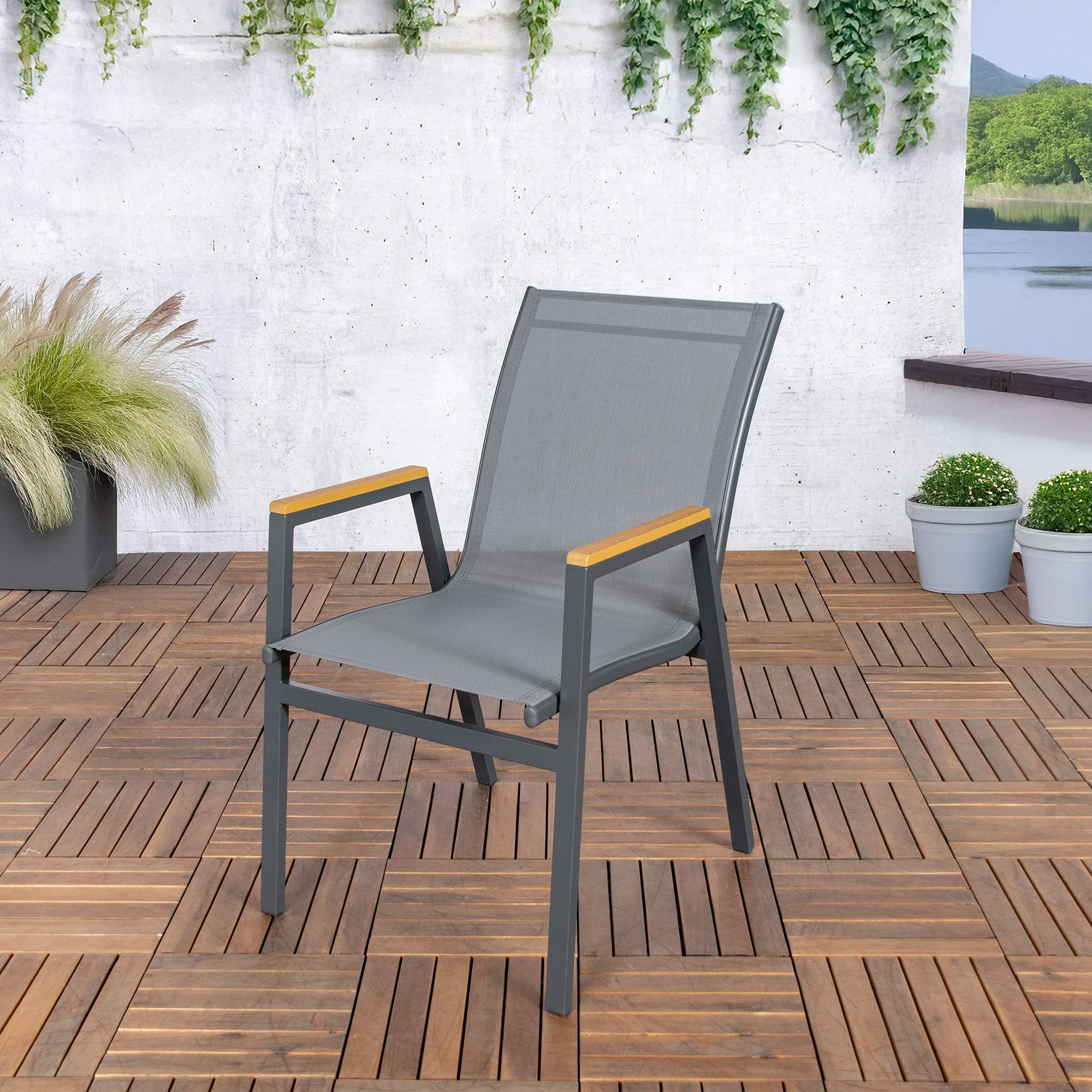 gartenstuhl -4er-set-stapelbar-aluminium-anthrazit-textilene-grau-texas-sens-line-holzoptik-105129