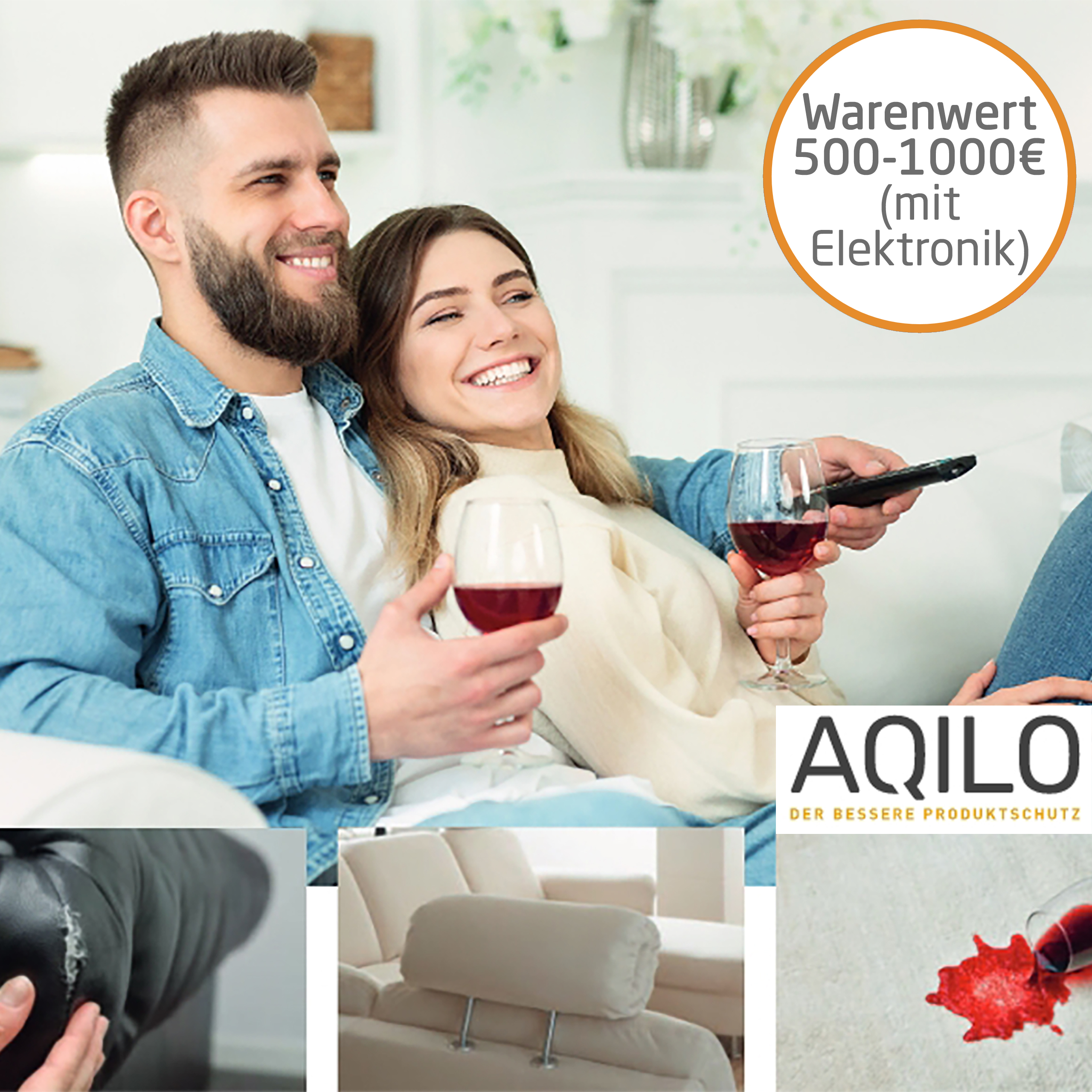 HomeCare Polstermöbel-Versicherung von AQILO (für Waren im Wert von 500,- bis 1000,- Euro, mit Elektronik)
