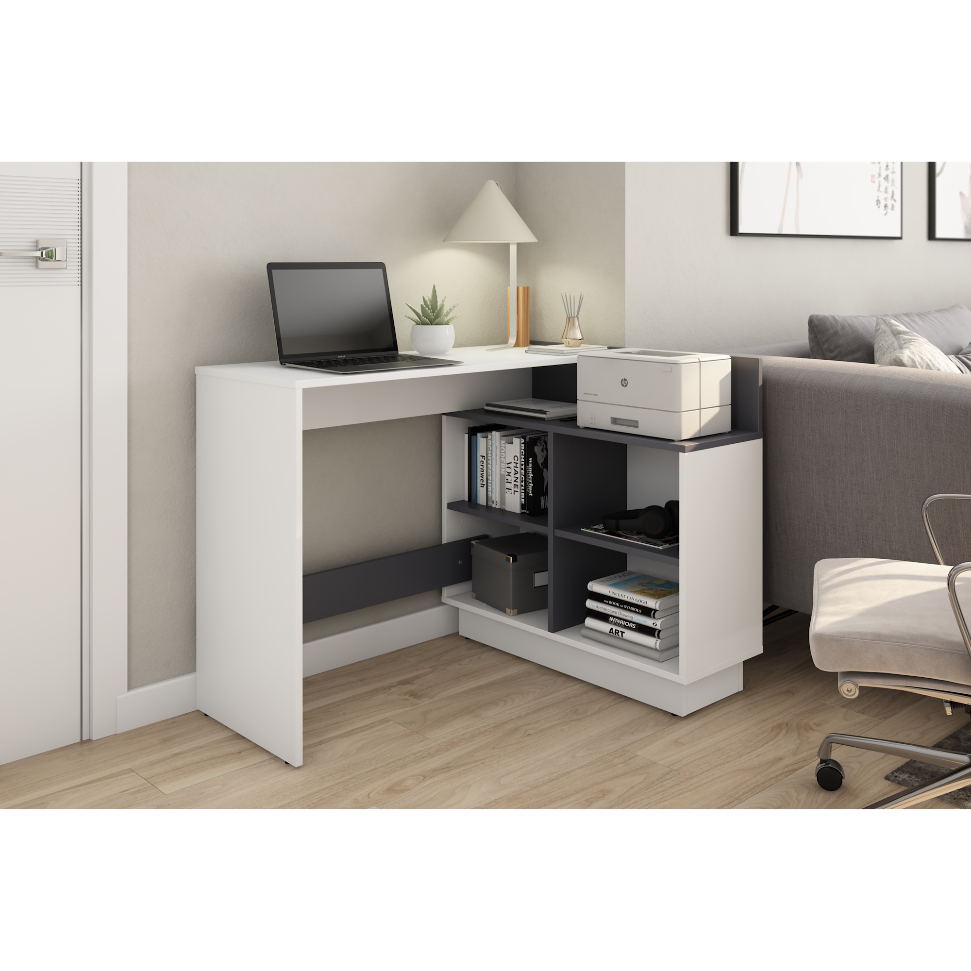 Schreibtisch mit viel Stauraum, Winkelschreibtisch, L-Form, Weiß/Grau, byLIVING Berni