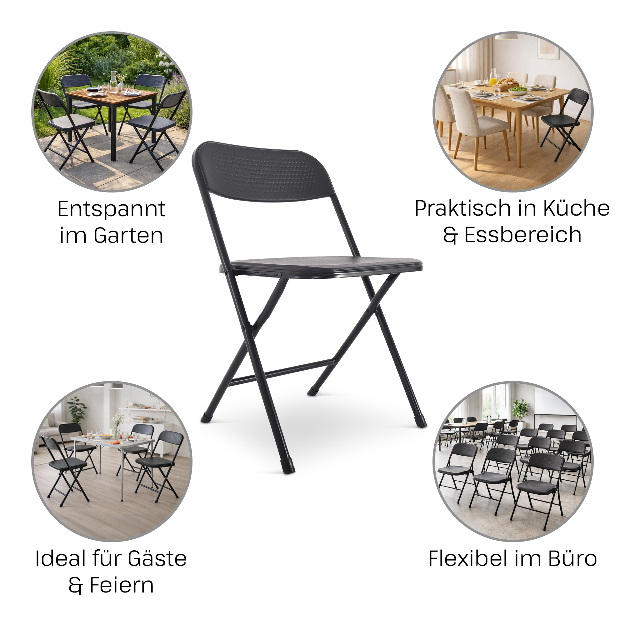 Klappstuhl 4er-Set, klappbarer Gästestuhl, Schwarz/Schwarz, Raburg Jonas
