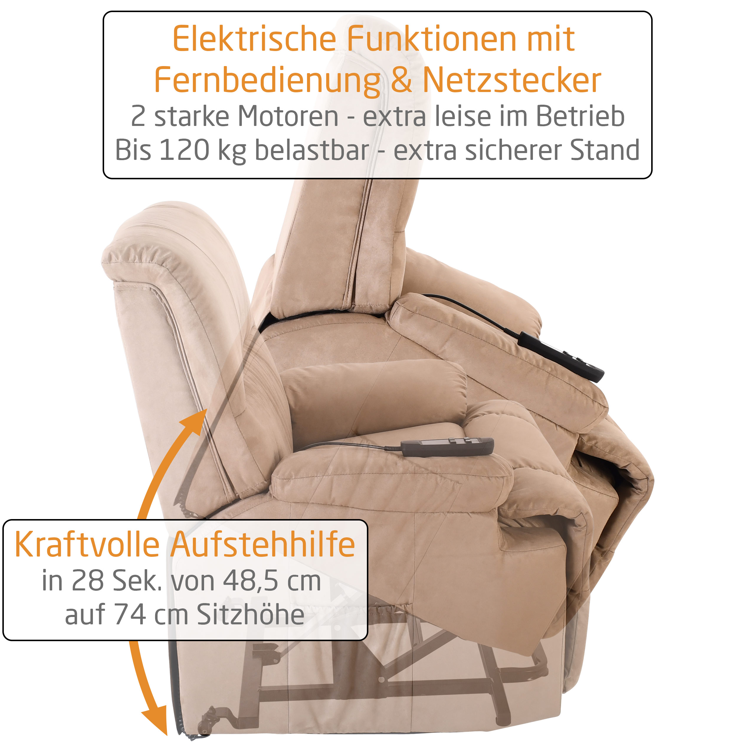 Raburg TV-Sessel Frank 2 in Cappuccino-Beige, elektr. Aufstehhilfe & 2 Motoren, Velours-Mikrofaser