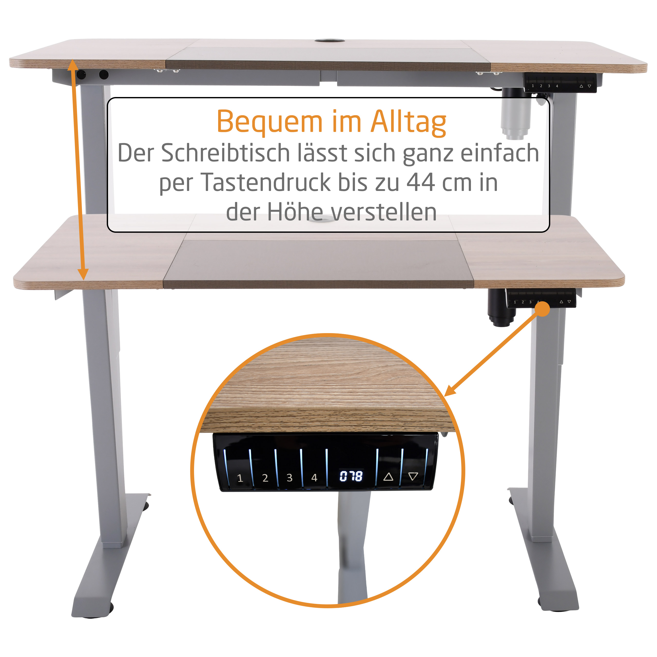 Yulukia Schreibtisch in Natur-Grau, elektrisch, 120 x 60 cm, 72 - 116 cm stufenlos höhenverstellbar