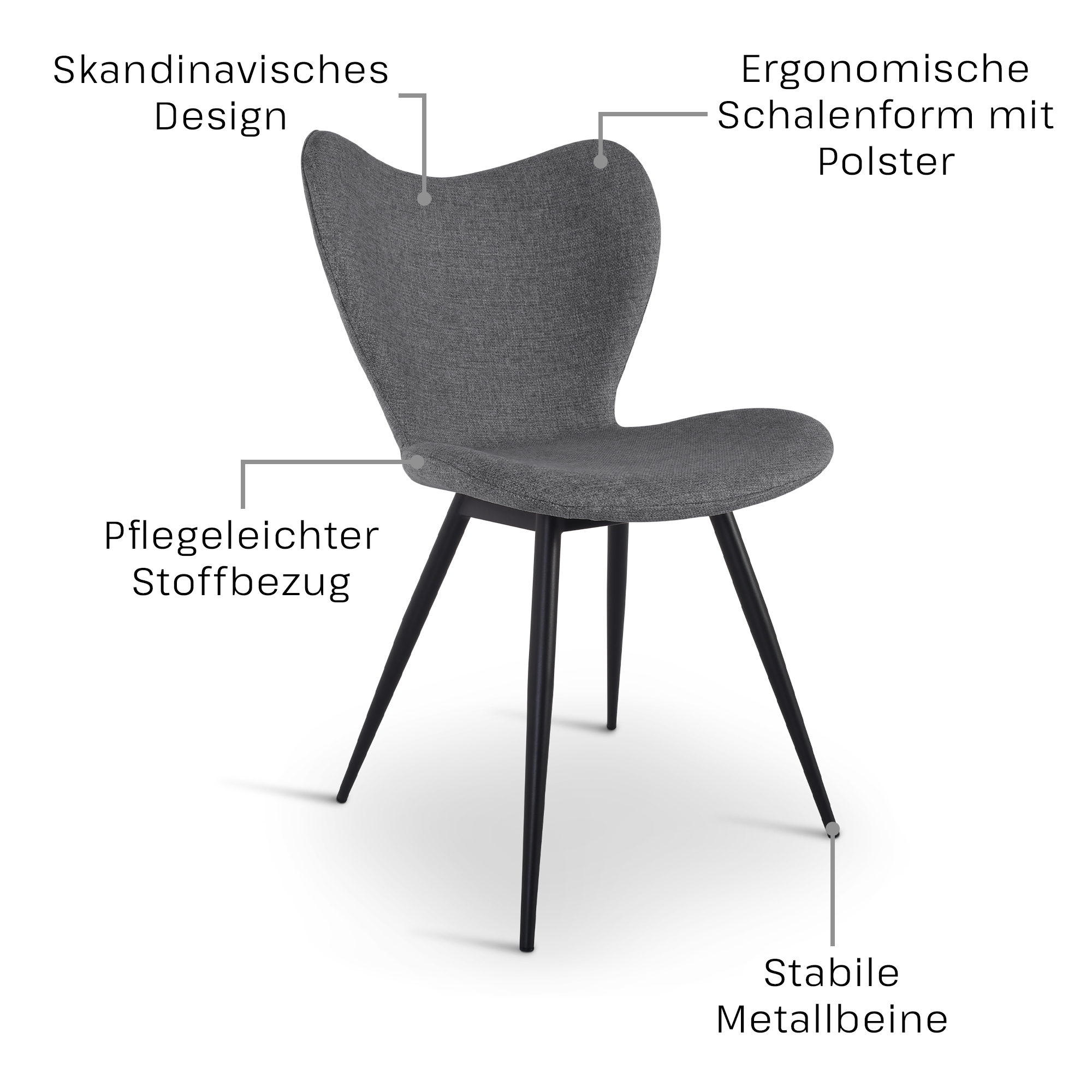 Esszimmerstuhl 2er-Set, gepolstert, Dunkelgrau, 4-Fuß-Gestell, Raburg Maja