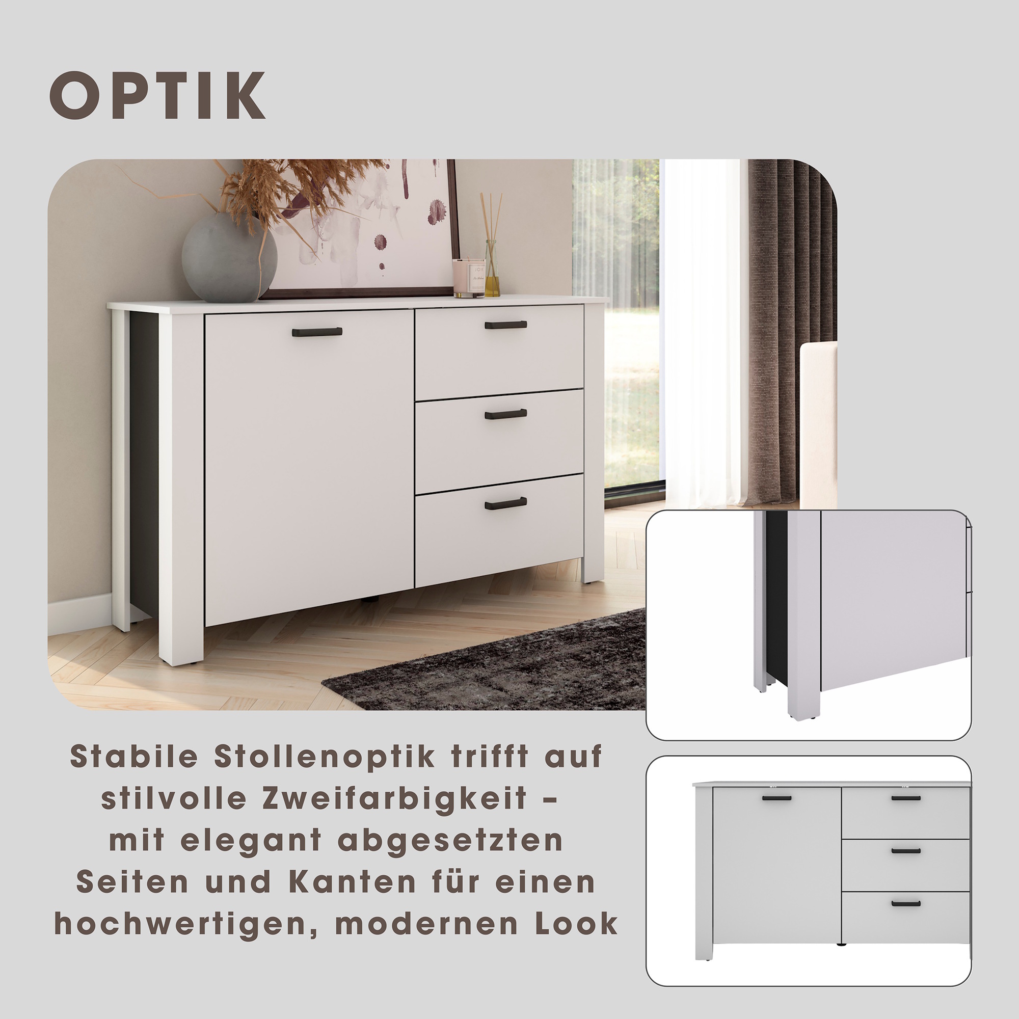 Sideboard mit Tür & Schubkästen, Kommode in Weiß und Schwarz, B140×H84×T40 cm, byLIVING Faro