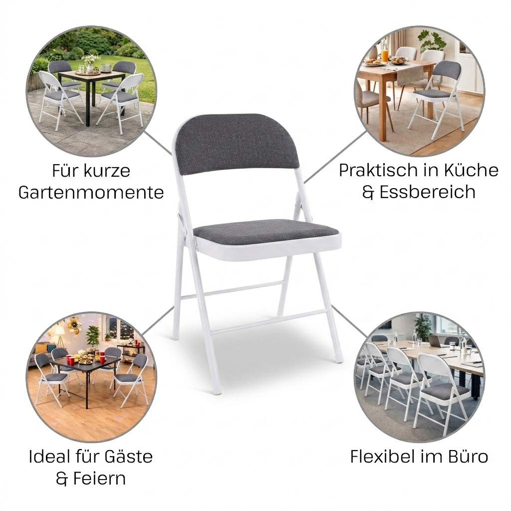 Klappstuhl 4er-Set, klappbarer Gästestuhl, Hellgrau/Weiß, Raburg Elias