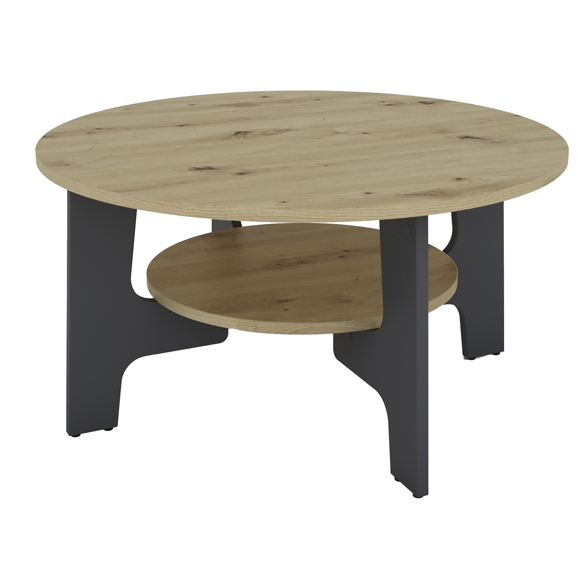 Runder Couchtisch in Artisan-Eiche-Optik, Tischbeine in Graphit mit Ablage, byLIVING Jonny
