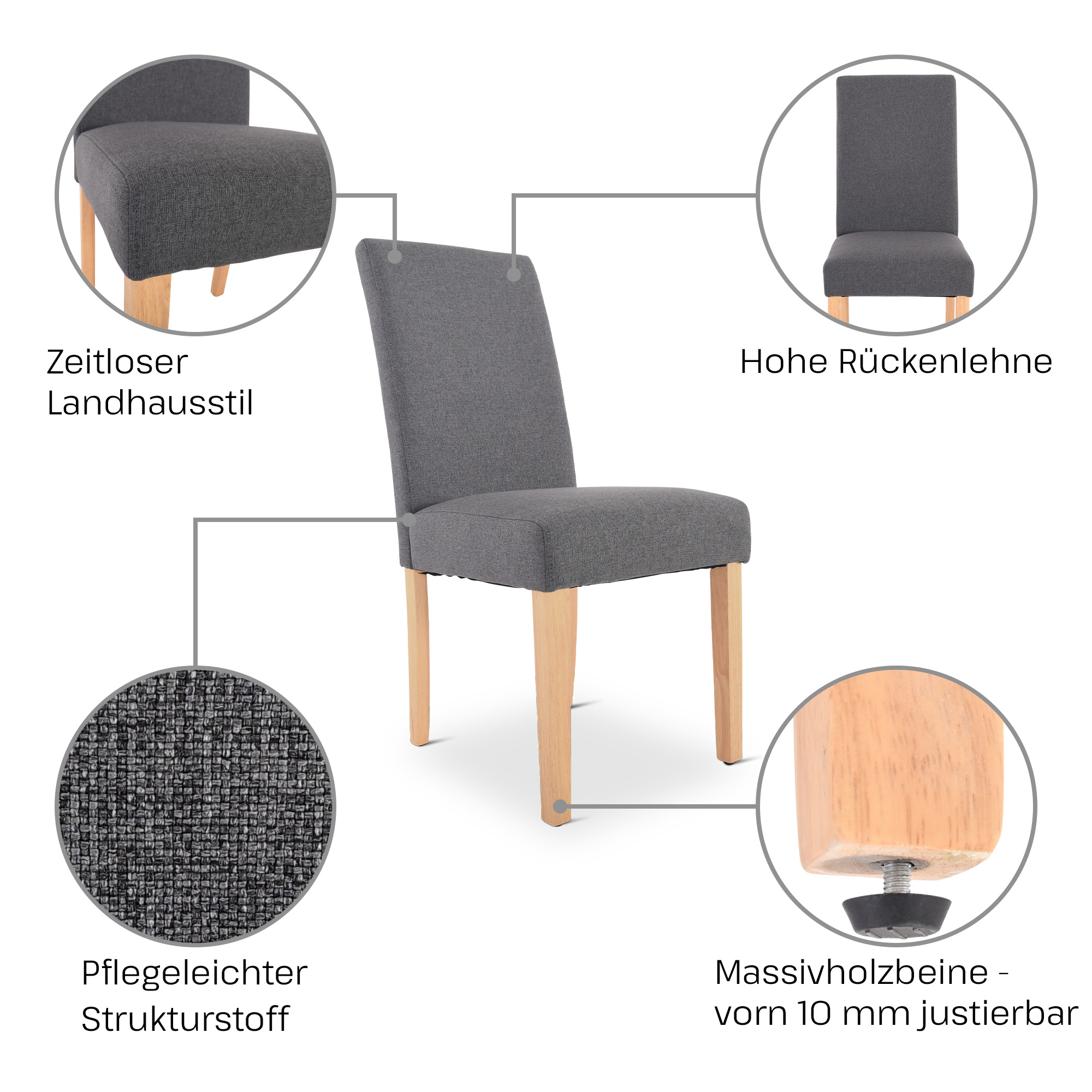 Esszimmerstuhl 2er-Set, Dunkelgrau, Beine Holz, Raburg Alexandra