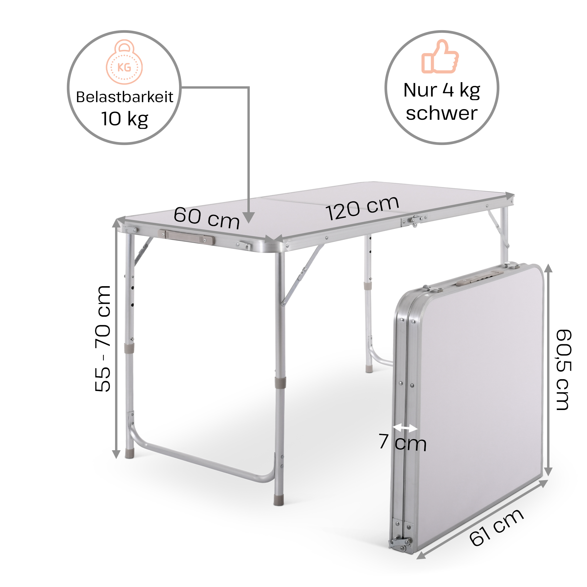 Campingtisch klappbar, Klapptisch 3-fach höhenverstellbar, Falttisch 120 x 60 cm, Weiß, Raburg Lukas