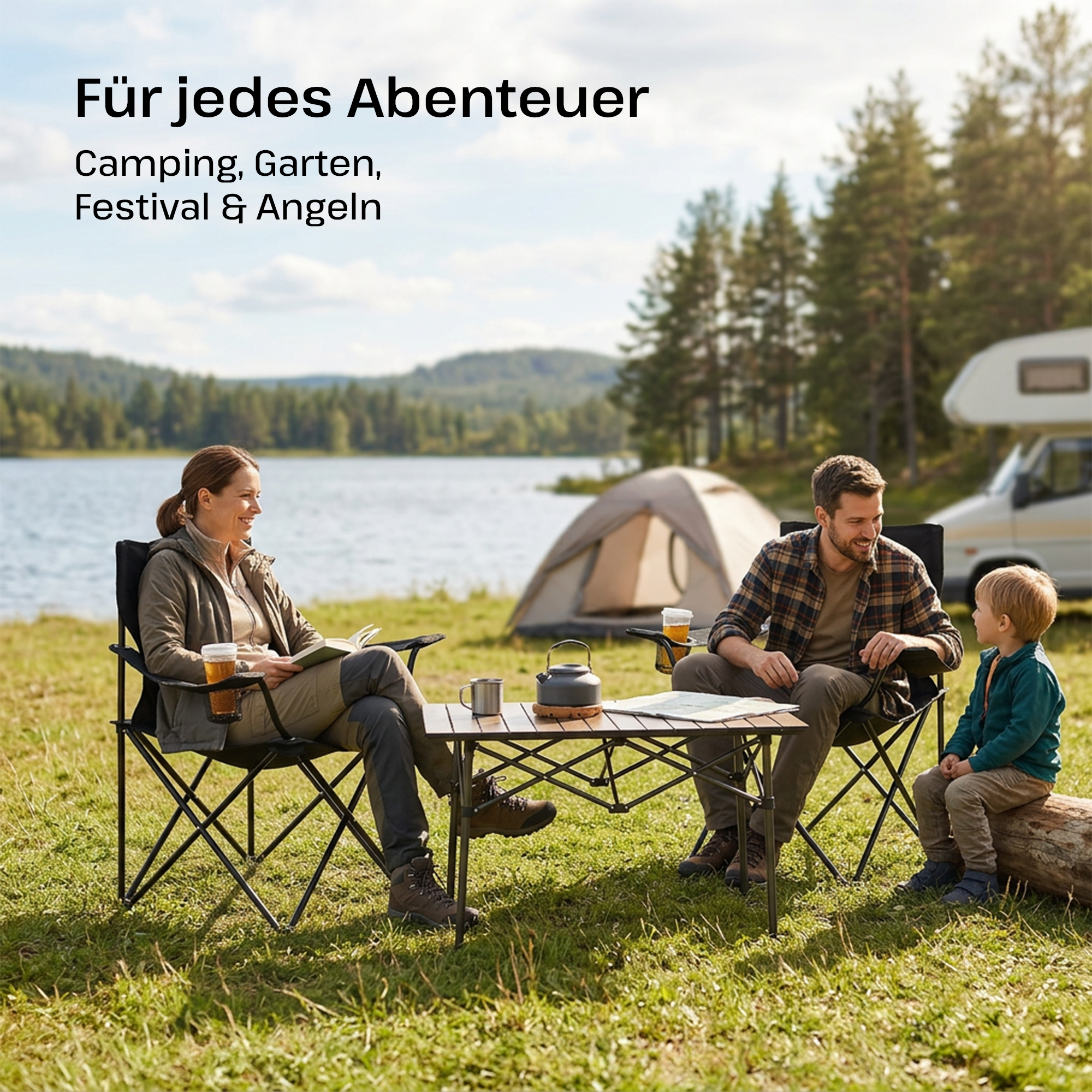 Campingstuhl 4er-Set, Anglerstuhl, Faltstuhl mit Getränkehalter, faltbar, mit Tragetasche, Schwarz, Raburg Joe