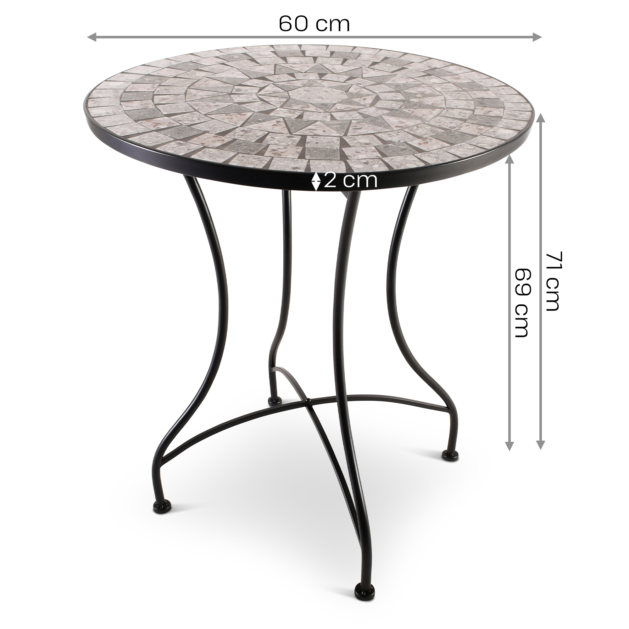 Mosaiktisch, 60 cm Ø, Gartentisch mit Mosaikmuster, Grau-Weiß-Anthrazit, Raburg Mayla