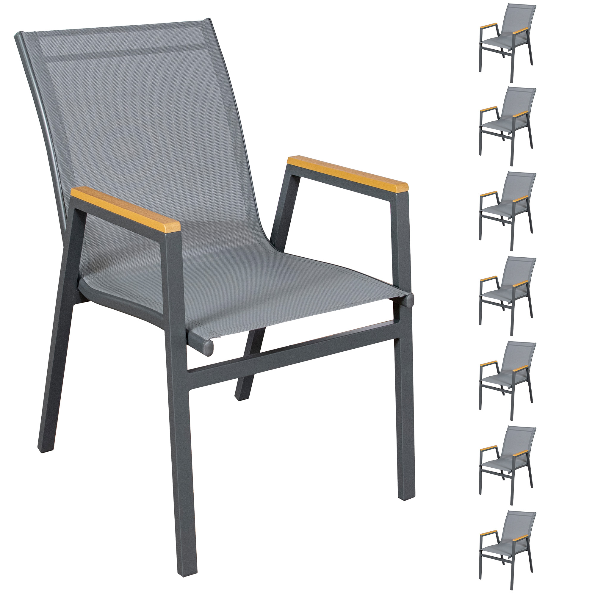 gartenstuhl-8er-set -stapelbar-aluminium-anthrazit-textilene-grau-texas-sens-line-holzoptik-105131