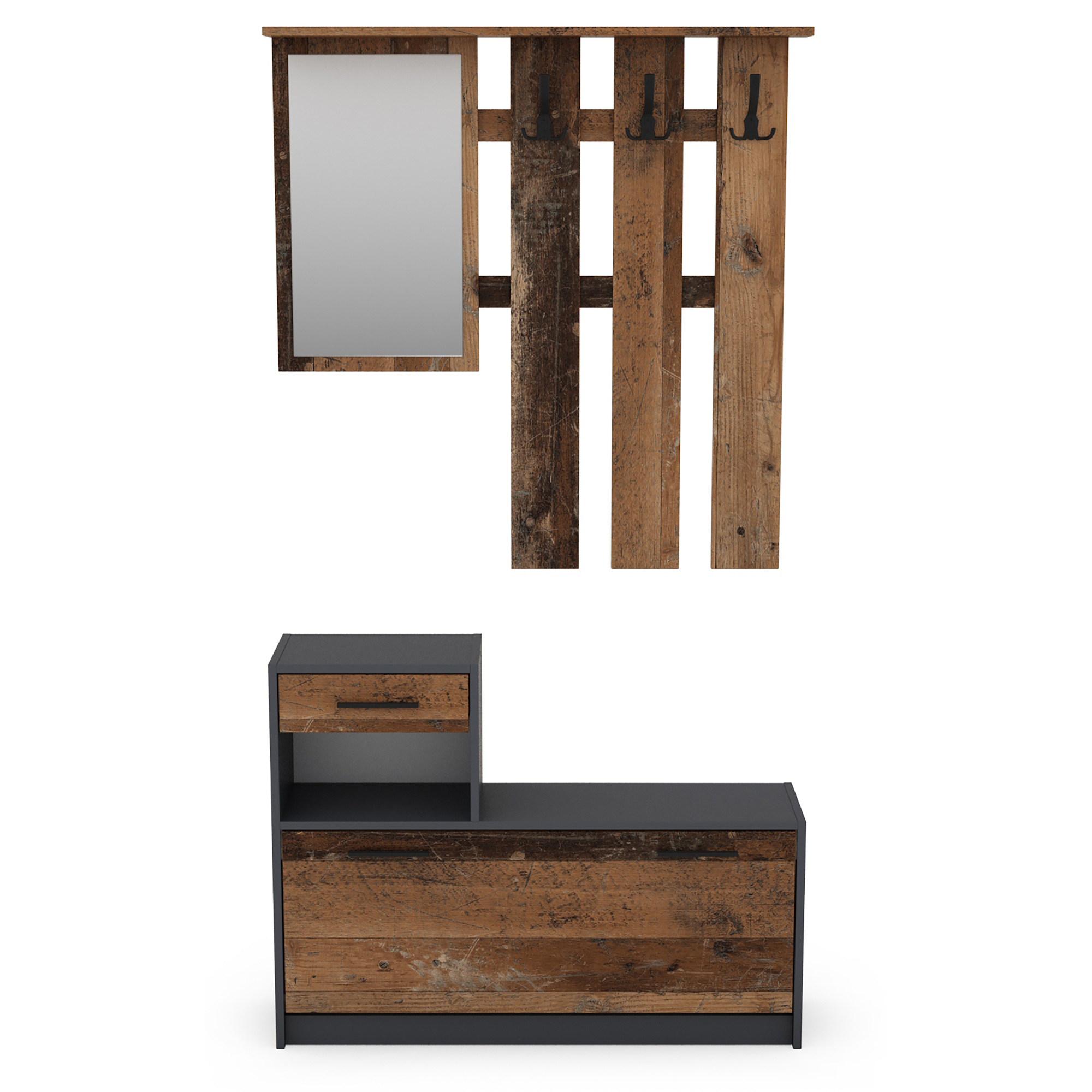 Garderoben-Set in Old-Wood-Optik in Braun und Anthrazit, mit Schuhschrank & hängender Garderobe, byLIVING Tamina