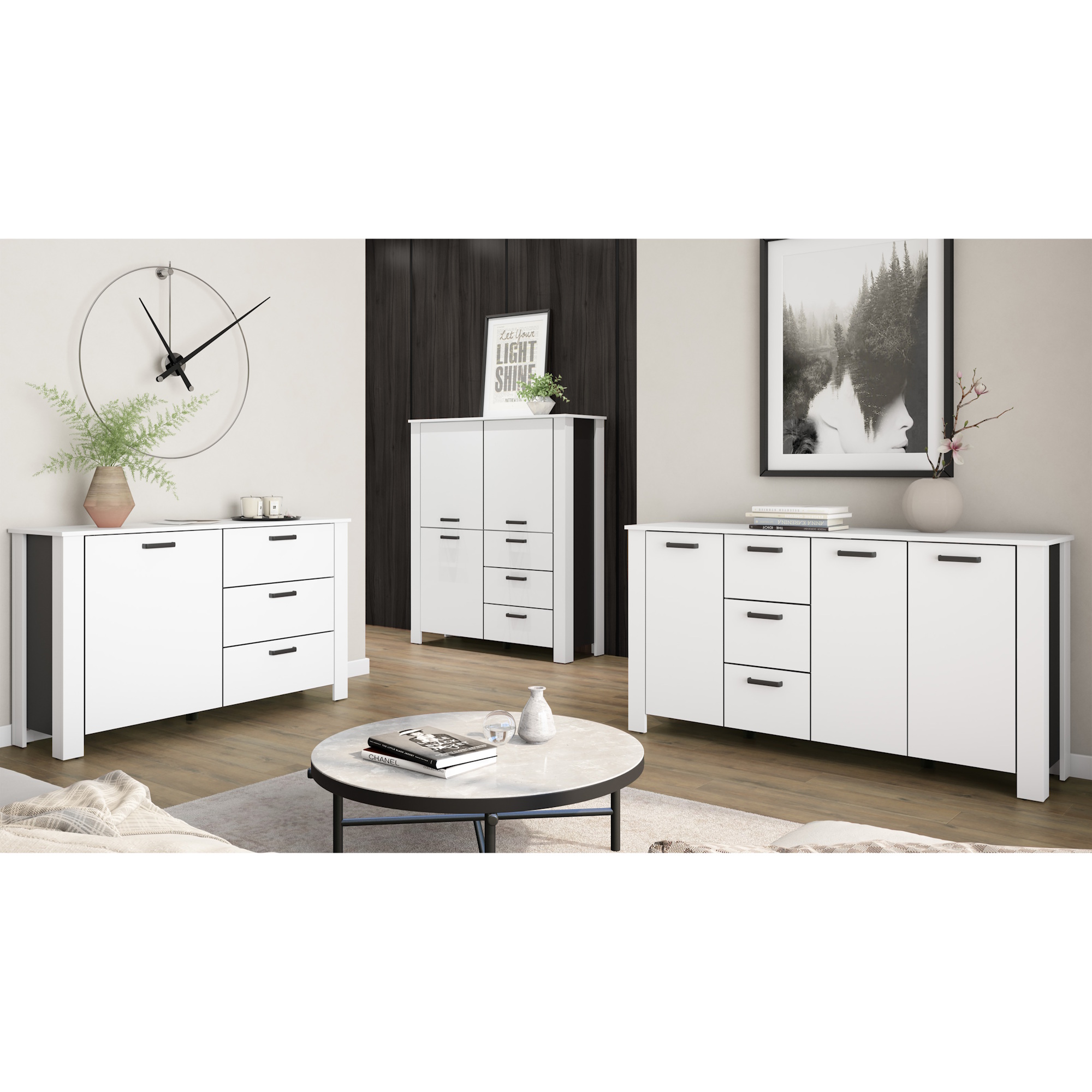 Sideboard mit Tür & Schubkästen, Kommode in Weiß und Schwarz, B140×H84×T40 cm, byLIVING Faro